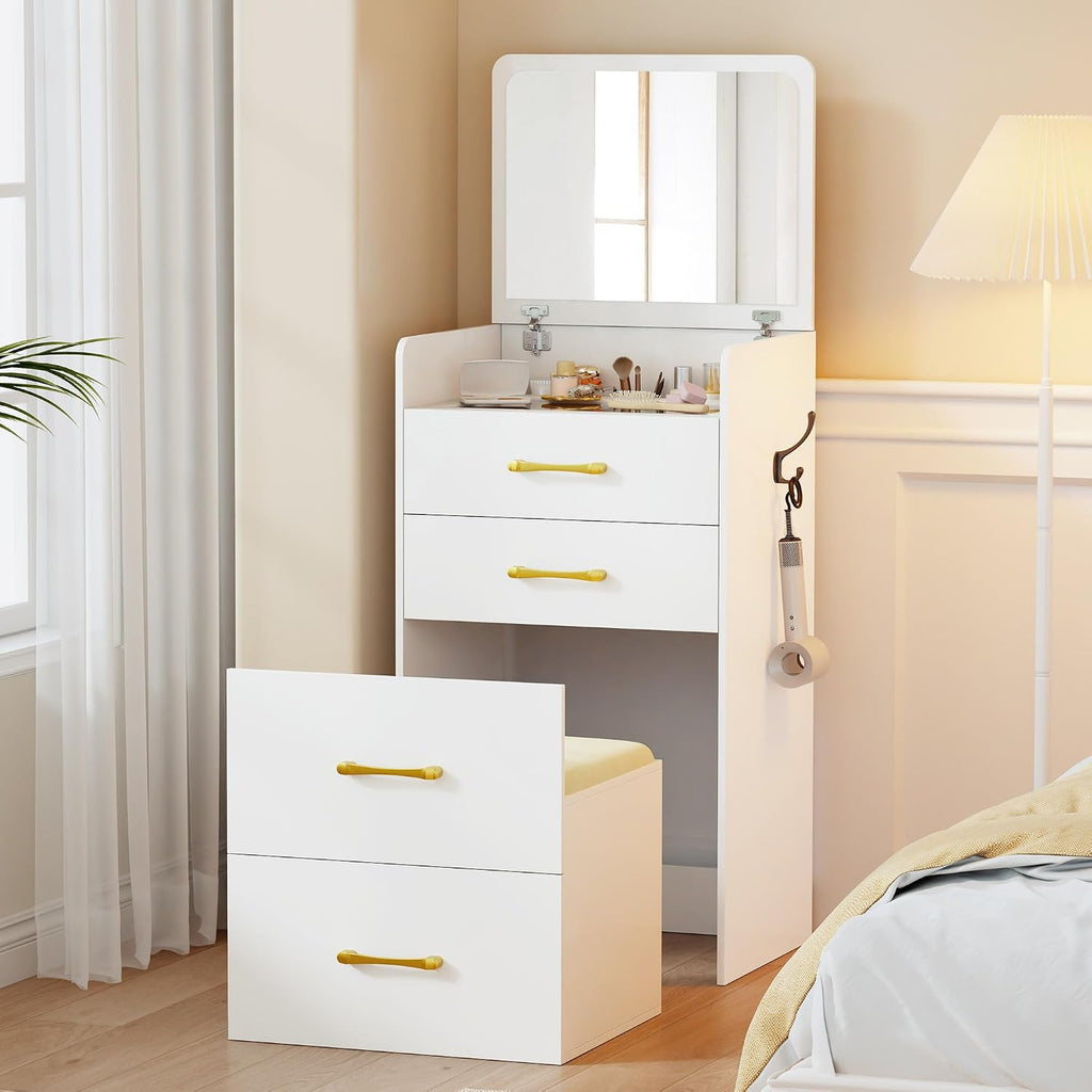 Lvifur 3-in-1 Vanity Desk with Flip Top Mirror, Makeup Vanity Table with Cushioned Stool for Small Space, Compact Dressing Table, Vanity Set for Bedroom