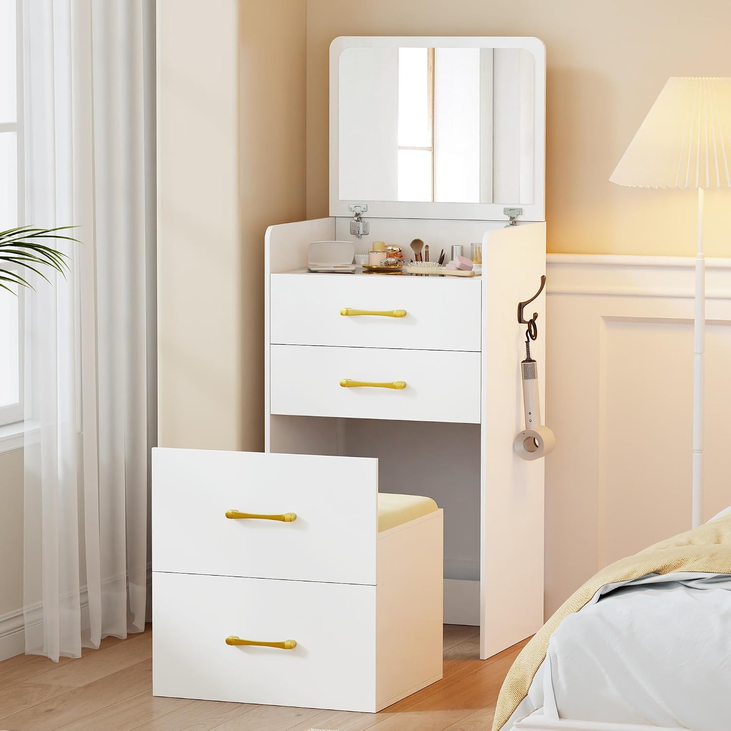 Lvifur 3-in-1 Vanity Desk with Flip Top Mirror, Makeup Vanity Table with Cushioned Stool for Small Space, Compact Dressing Table, Vanity Set for Bedroom