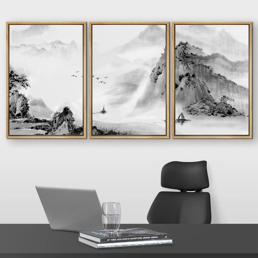 wall26 Framed Canvas Print Wall Art Set Black & White Chinese Ink Rainforest Nature Wilderness Illustrations Modern Art Cultural Scenic Relax/Calm for Living Room, Bedroom, Office - 16'x24'x3 Natural