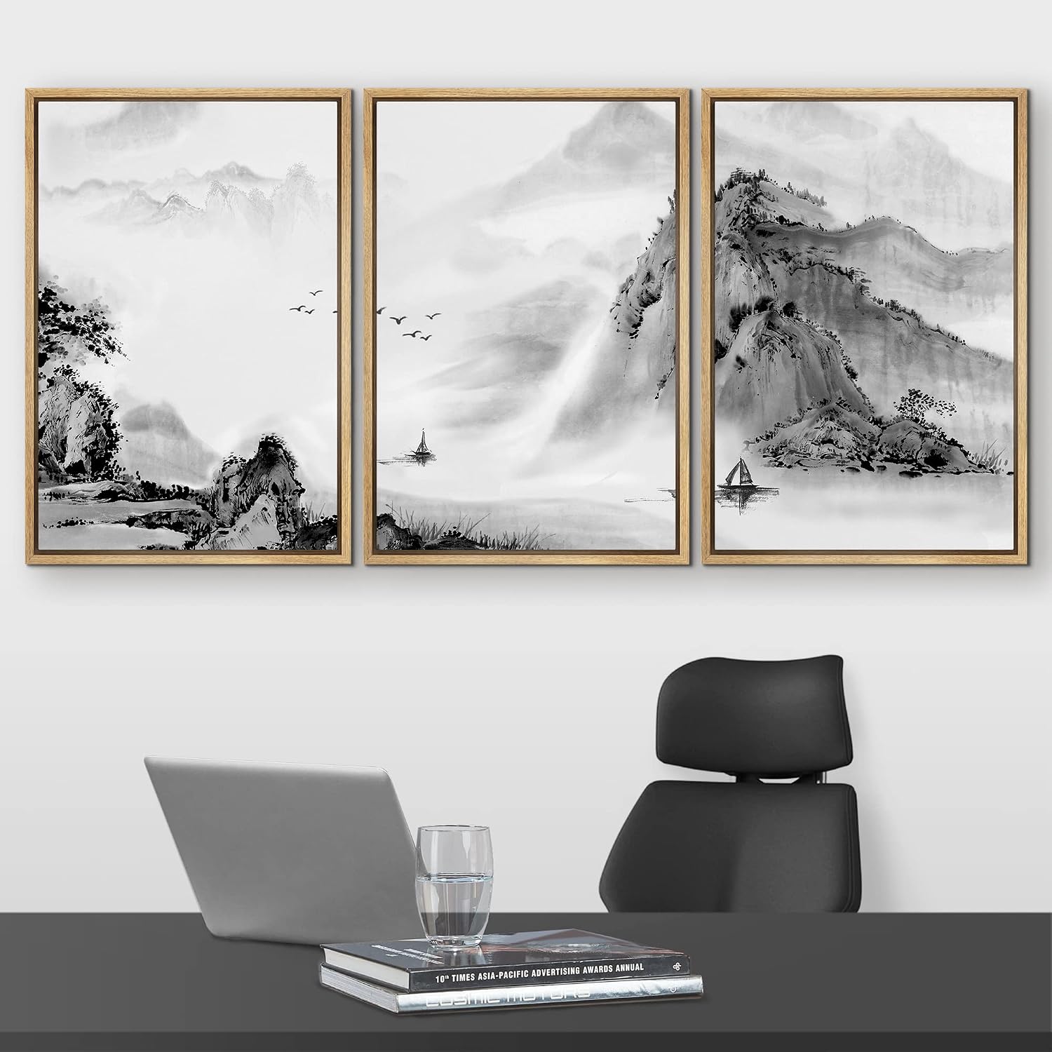 wall26 Framed Canvas Print Wall Art Set Black & White Chinese Ink Rainforest Nature Wilderness Illustrations Modern Art Cultural Scenic Relax/Calm for Living Room, Bedroom, Office - 16'x24'x3 Natural