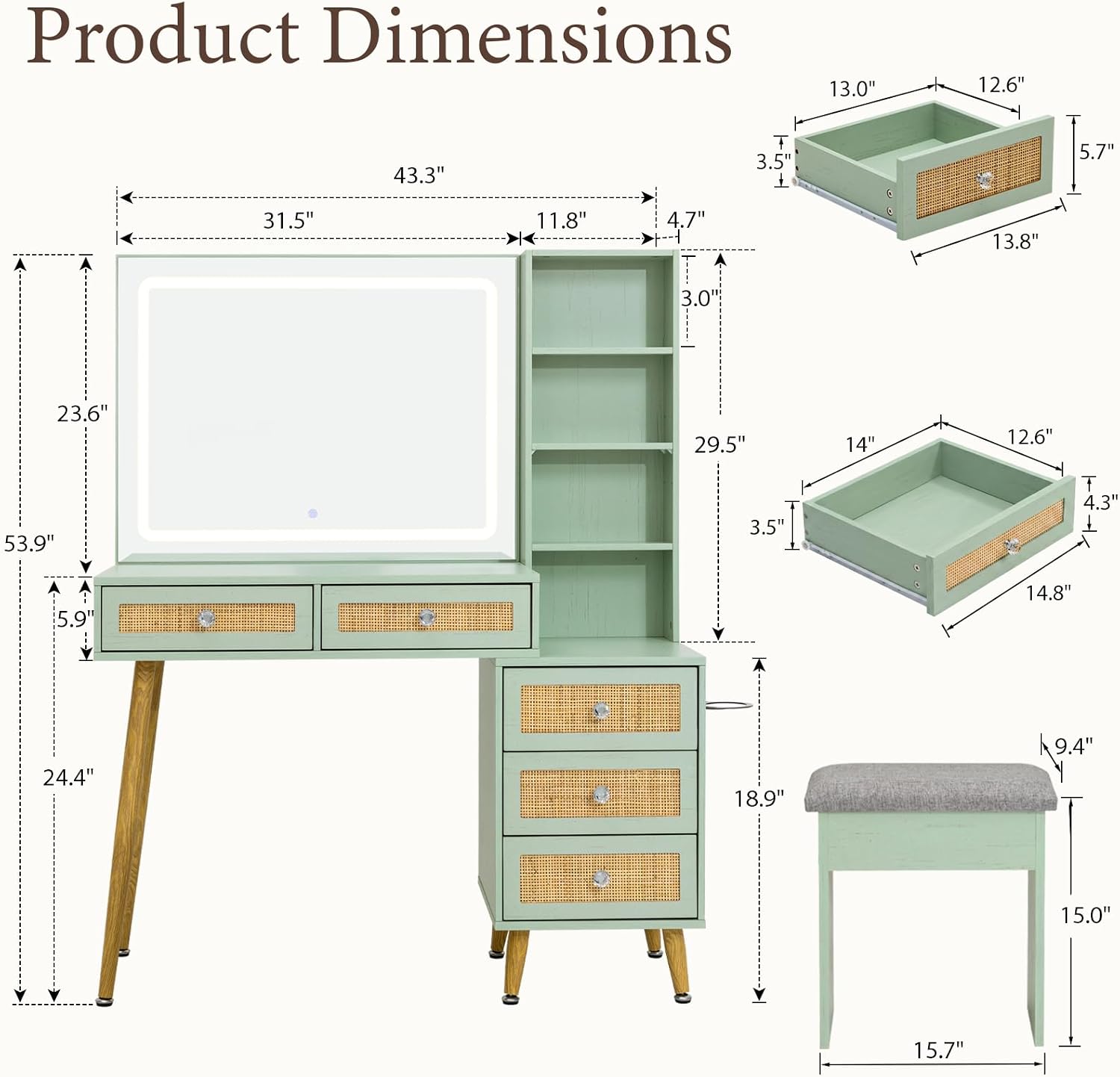 Brafab Makeup Vanity with Mirror and Lights, 43.3' Vanity with 31.5' Mirror, Large 5 Drawers Makeup Table with Adjustable Shelves and Charging Station, 3 Color Modes, Mint
