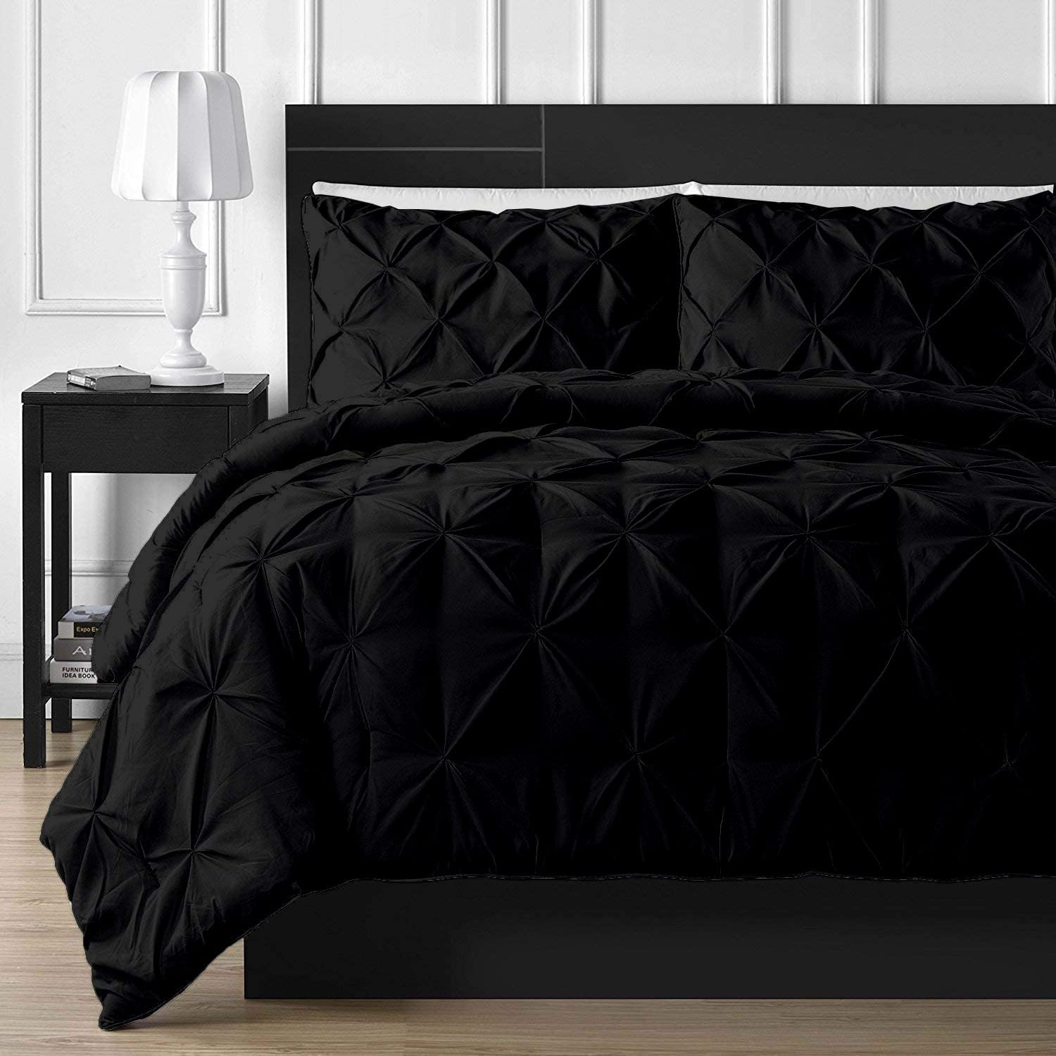 Crown Collection 1000 TC Hypoallergenic Ultra Soft Design 100% Egyptian Cotton Pinch Plated Duvet Cover with Zipper Colser & 2pcs Pillow Case Set (Alaskan 120'x136'), Black