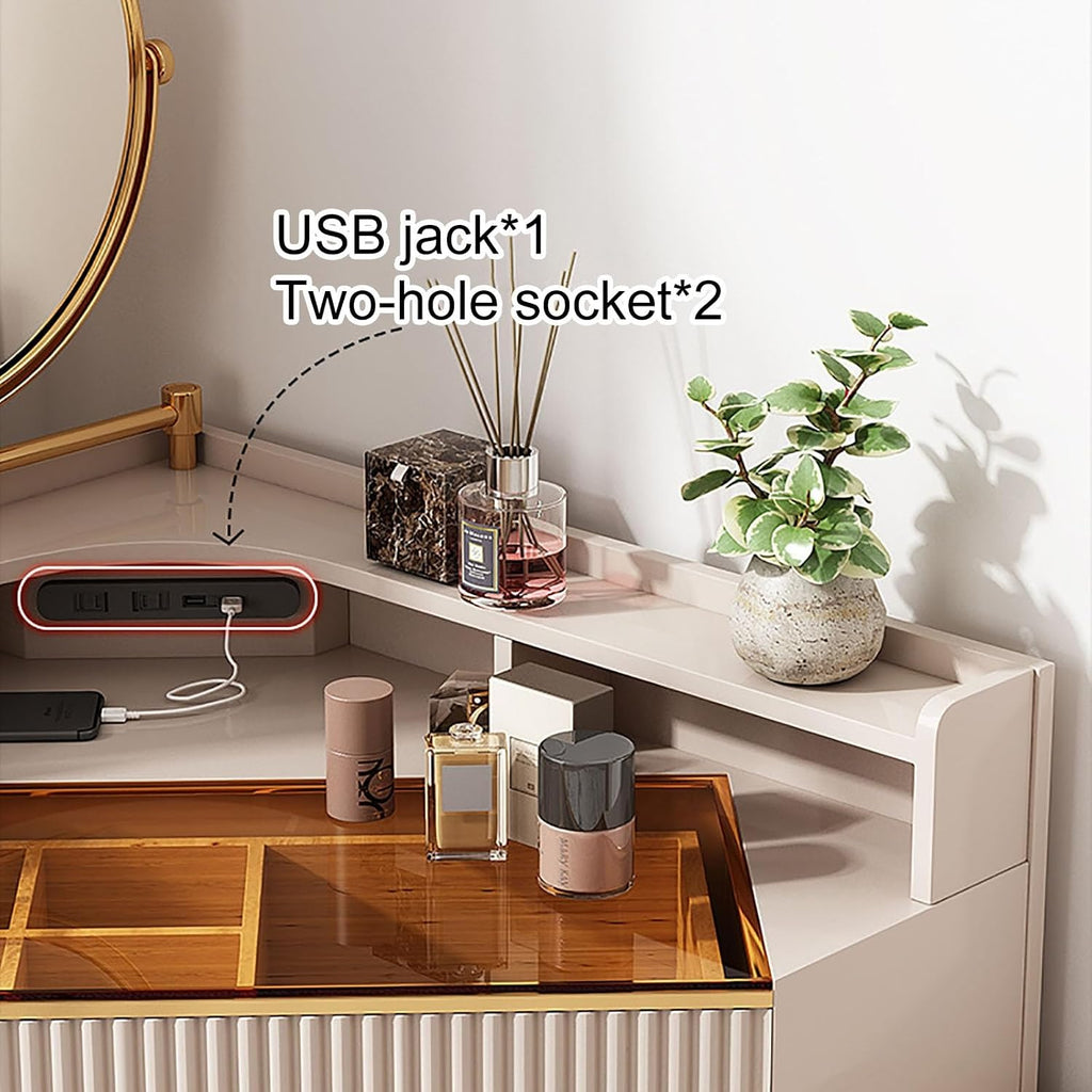 Corner Vanity Desk with Lighted Mirror, Makeup Dressing Table with Drawers, Cabinet and Cushioned Stool, Girls Vanity Desk for Dressing Room, Bedroom