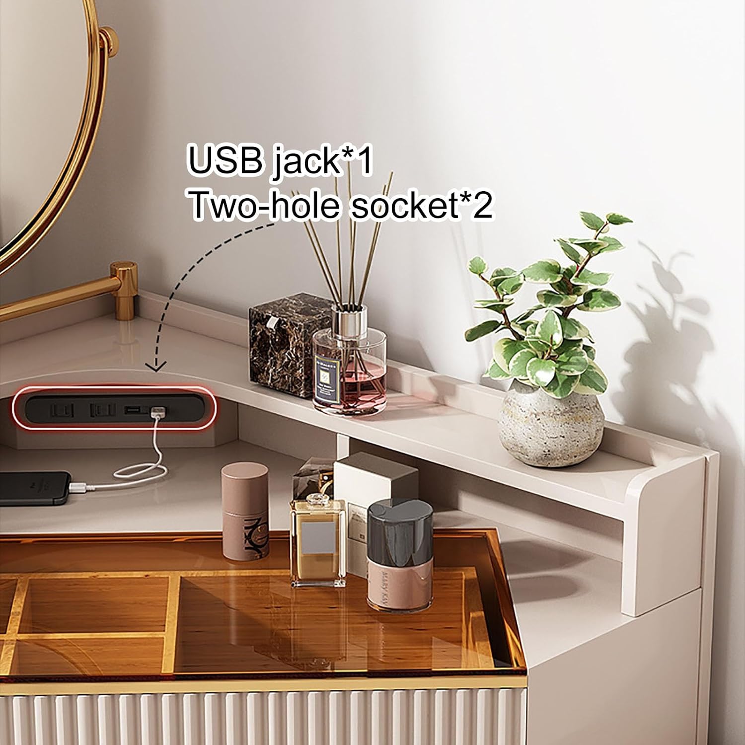 Corner Vanity Desk with Lighted Mirror, Makeup Dressing Table with Drawers, Cabinet and Cushioned Stool, Girls Vanity Desk for Dressing Room, Bedroom