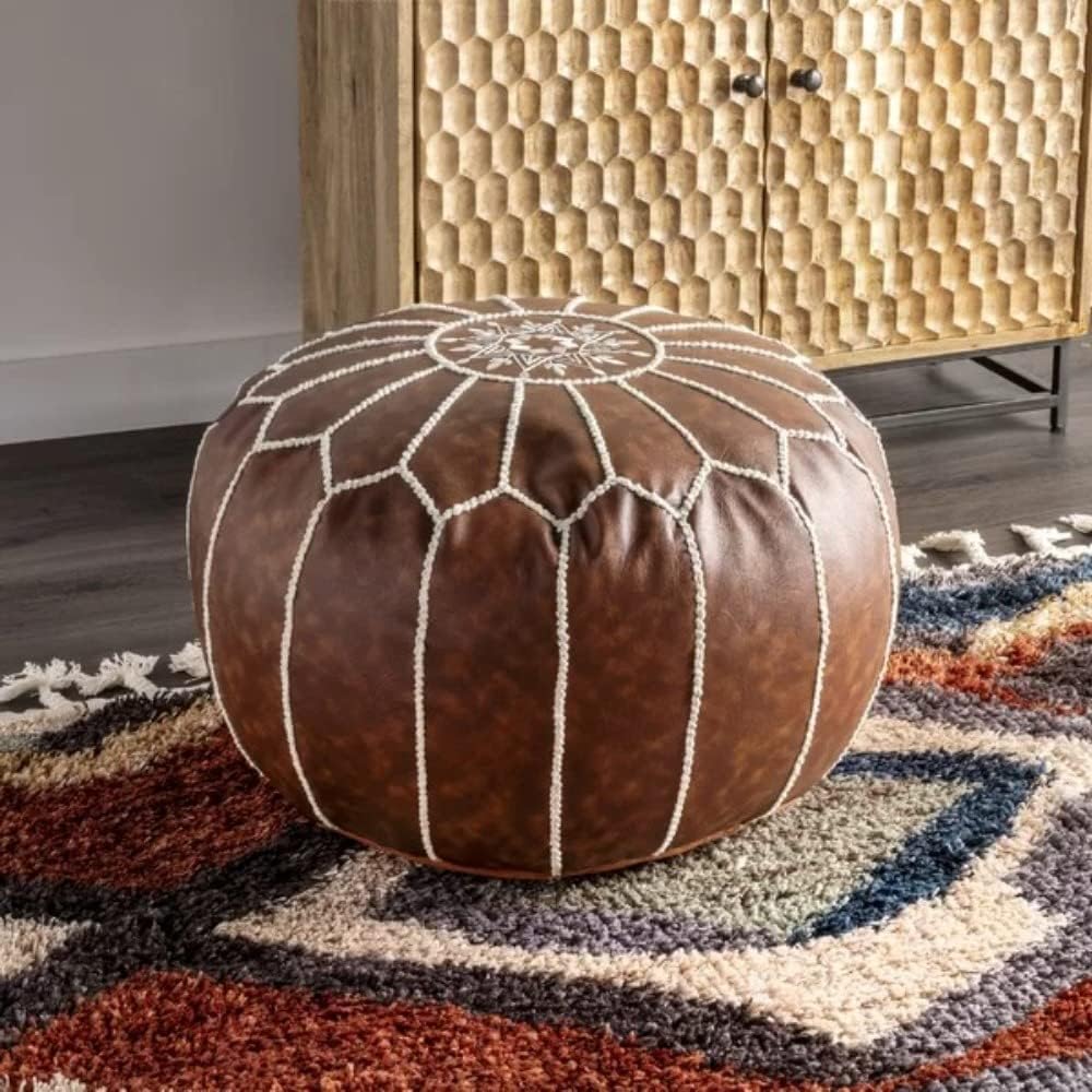 Classy Brown Faux Leather Round Pouf Ottoman 20'' | Stylish Tufted Footrest Vanity Stool Glamorous Touch Luxe Look, | Bench Fluffy Dorm Patio Perfect for Living Room, Bedroom, Lounge Cushioned