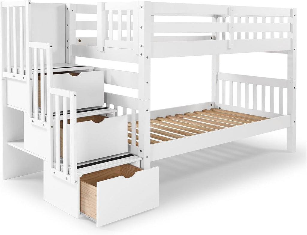 Bedz King Stairway Bunk Beds Twin Over Twin, 3 Step Drawers, White
