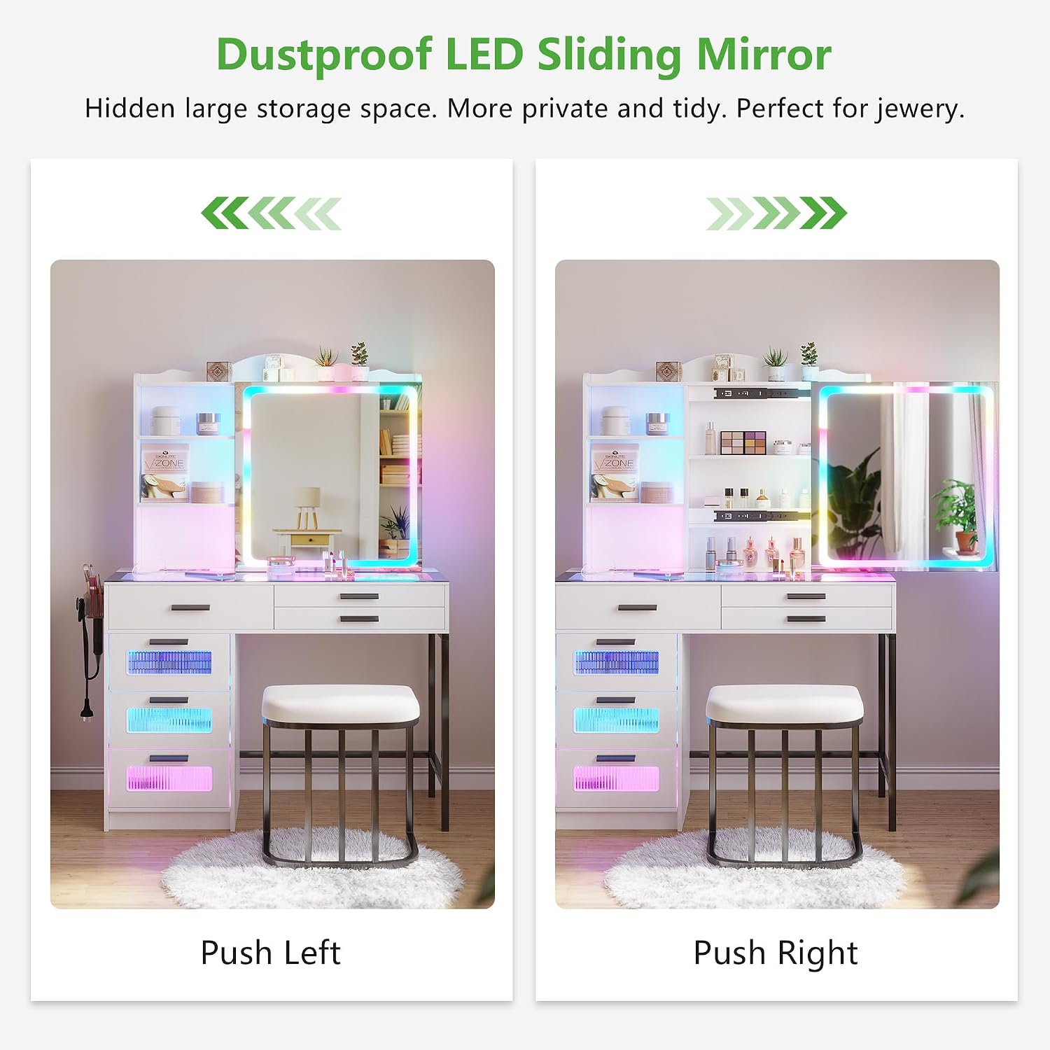 HENBC Vanity Desk with Sliding Mirror and Glass Desktop, LED Vanitys Mirror with RGB Lights Desk and Chair, Dressers Table Set with Charging Station/Makeup Organizer/6 Drawers for Bedroom(White)