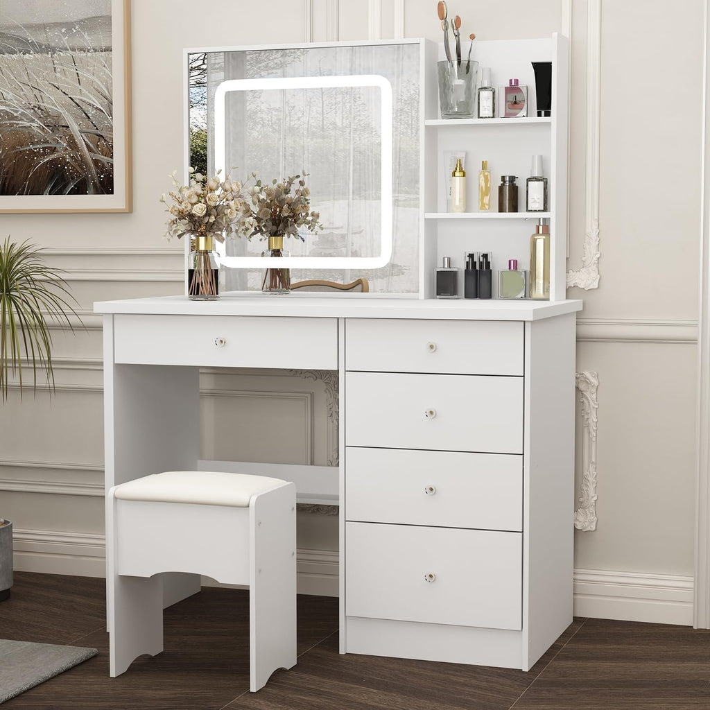Vanity with Chair, Dressing Table with Lighted Sqaure Mirror, 5 Drawers and Shelves, Makeup Vanity Set with Storage for Bedroom, Crystal Knobs, White, 19.7' D x 39.4' W x 53.5' H