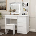 Vanity with Chair, Dressing Table with Lighted Sqaure Mirror, 5 Drawers and Shelves, Makeup Vanity Set with Storage for Bedroom, Crystal Knobs, White, 19.7' D x 39.4' W x 53.5' H
