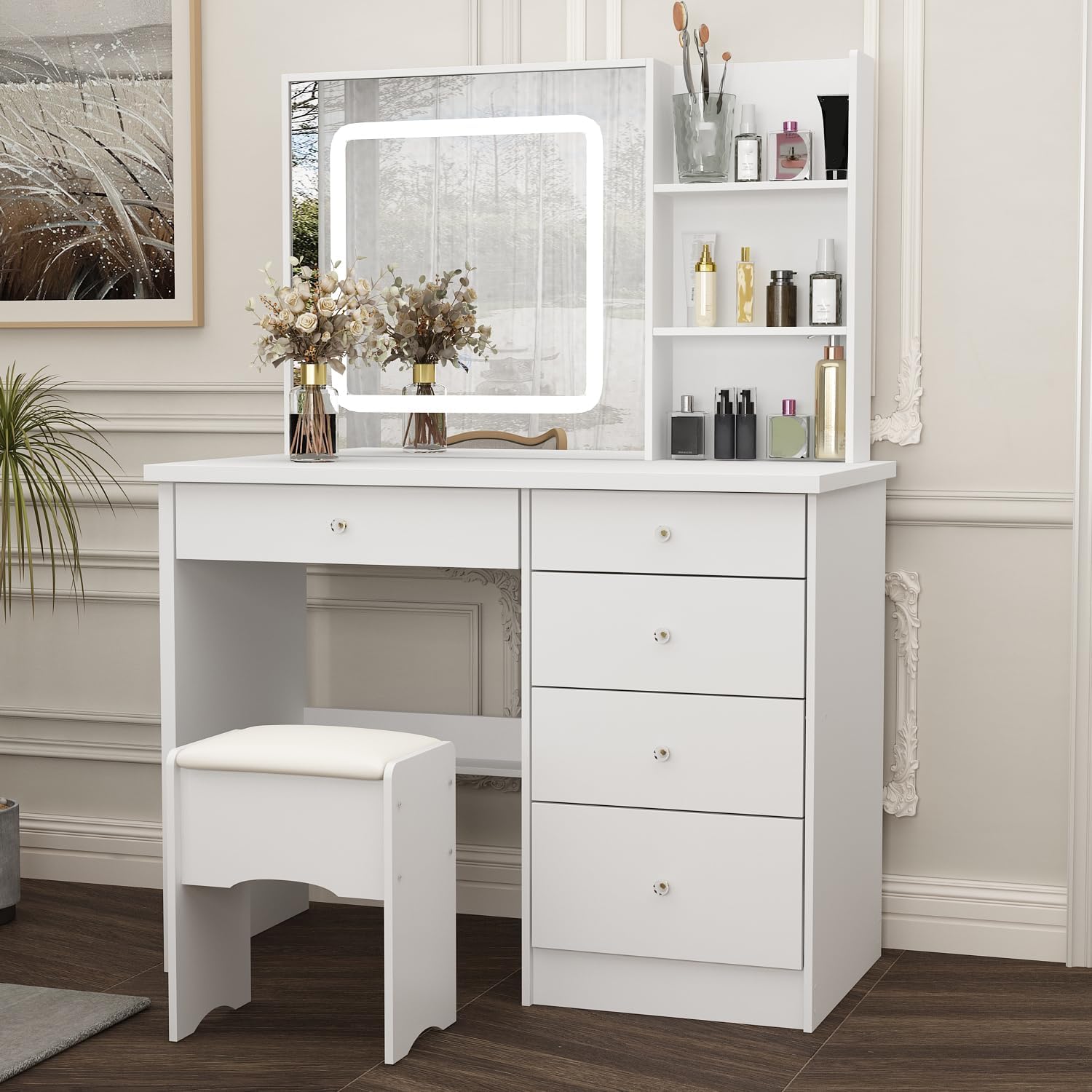 Vanity with Chair, Dressing Table with Lighted Sqaure Mirror, 5 Drawers and Shelves, Makeup Vanity Set with Storage for Bedroom, Crystal Knobs, White, 19.7' D x 39.4' W x 53.5' H