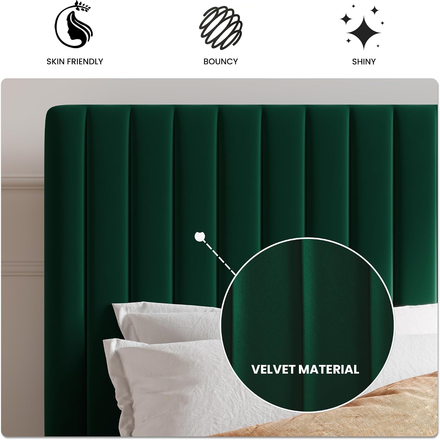 SHA CERLIN King Upholstered Platform Bed Frame with Vertical Channel Tufted Velvet Fabric Adjustable Headboard, Wooden Slats Support, Mattress Foundation, Box Spring Optional, Green