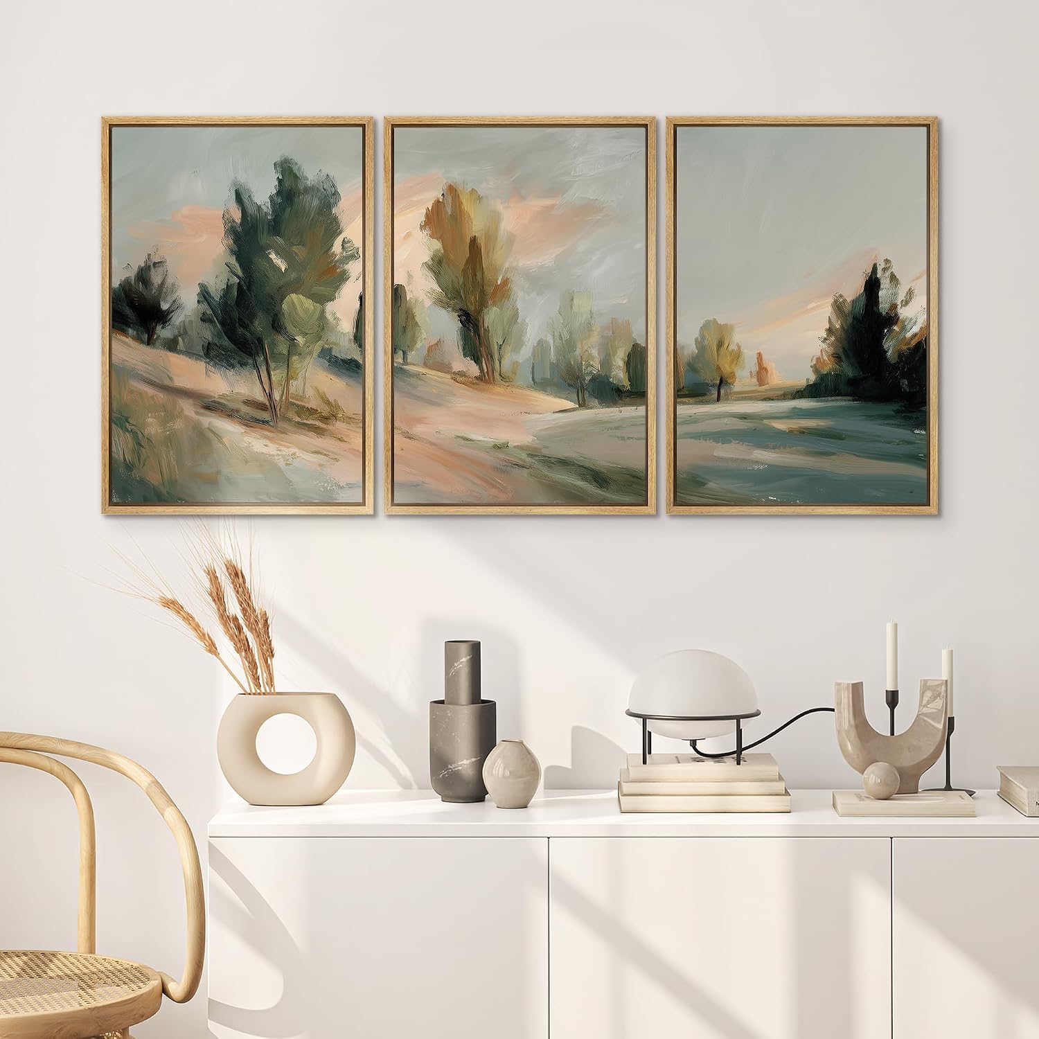 SIGNWIN Framed Canvas Print Wall Art Set Modern Countryside Landscape Abstract Trees and Field Illustrations Modern Art Decorative Rustic for Living Room, Bedroom, Office - 16'x24'x3 Natural