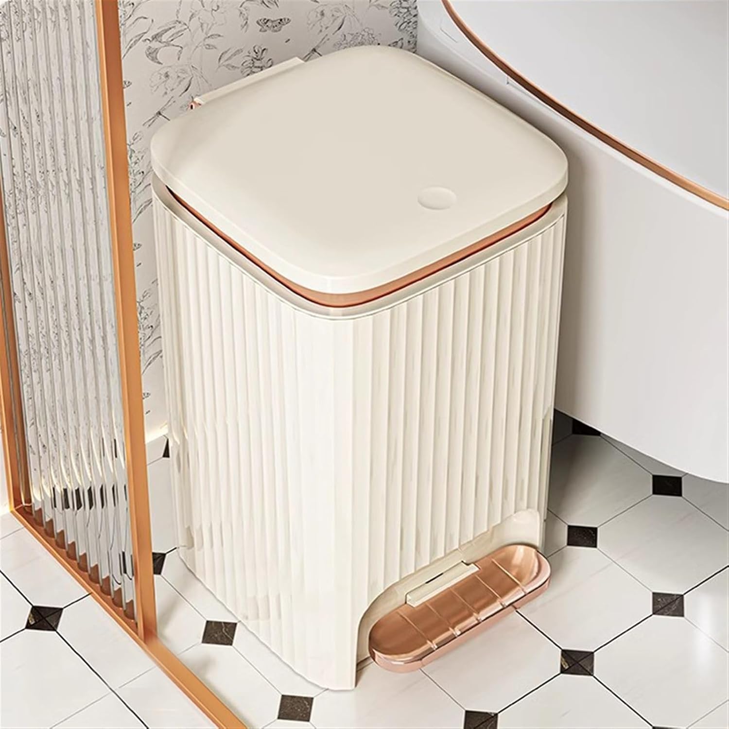 9/12 Liter Square Plastic Smart Trash Can with Double Opening Lid Pedal Trash Can for Living Room Bedroom Kitchen Bathroom Cream White Modern Design and Convenient Waste Management