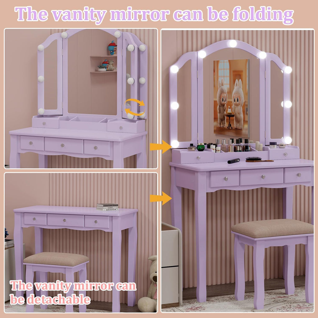 Purple Vanity Desk with Mirror and Lights Purple Vanity for Girls Makeup Vanity Desk with Lights Vanity Table with Lighted Mirror Make Up Vanity Desk with Drawers and Chair Set