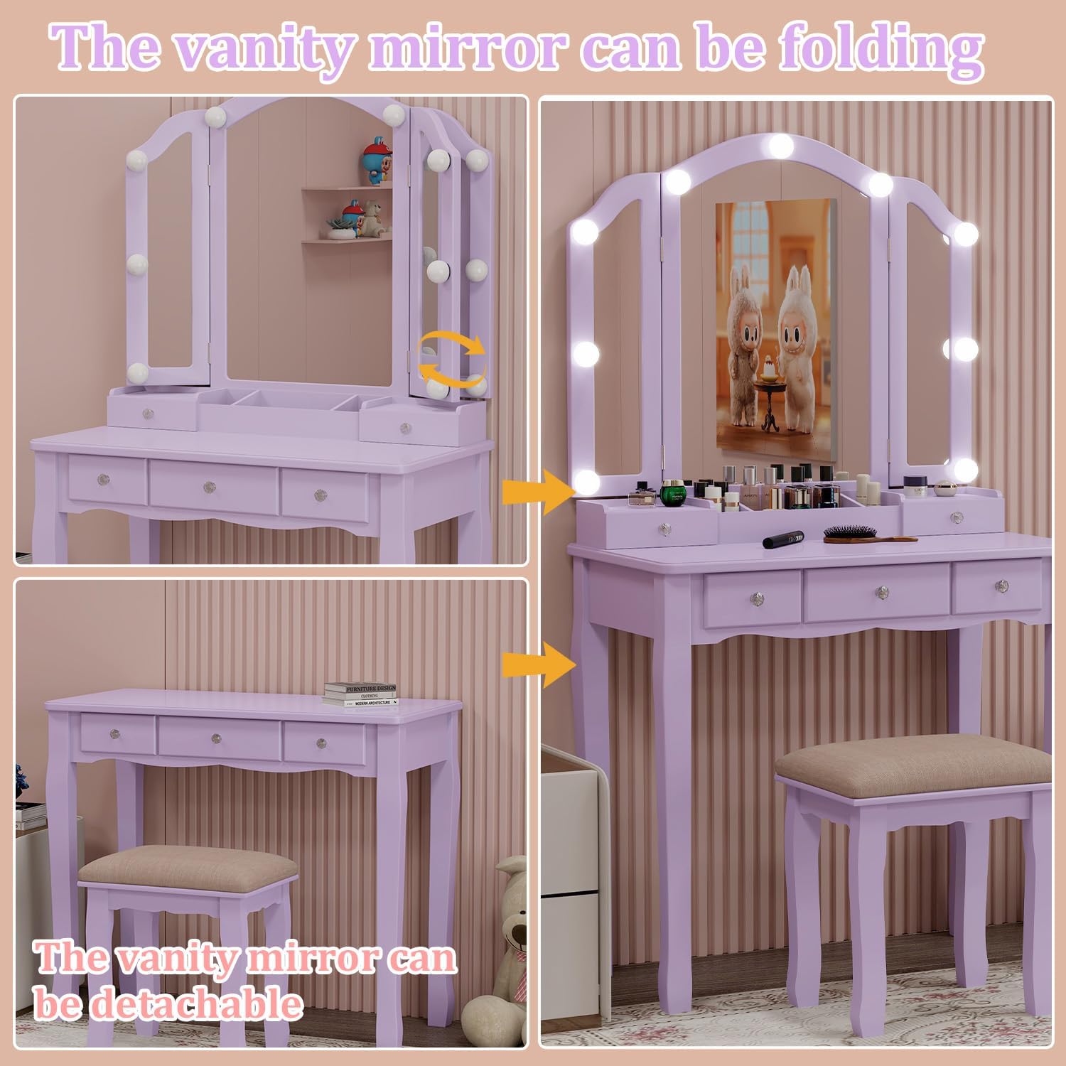 Purple Vanity Desk with Mirror and Lights Purple Vanity for Girls Makeup Vanity Desk with Lights Vanity Table with Lighted Mirror Make Up Vanity Desk with Drawers and Chair Set