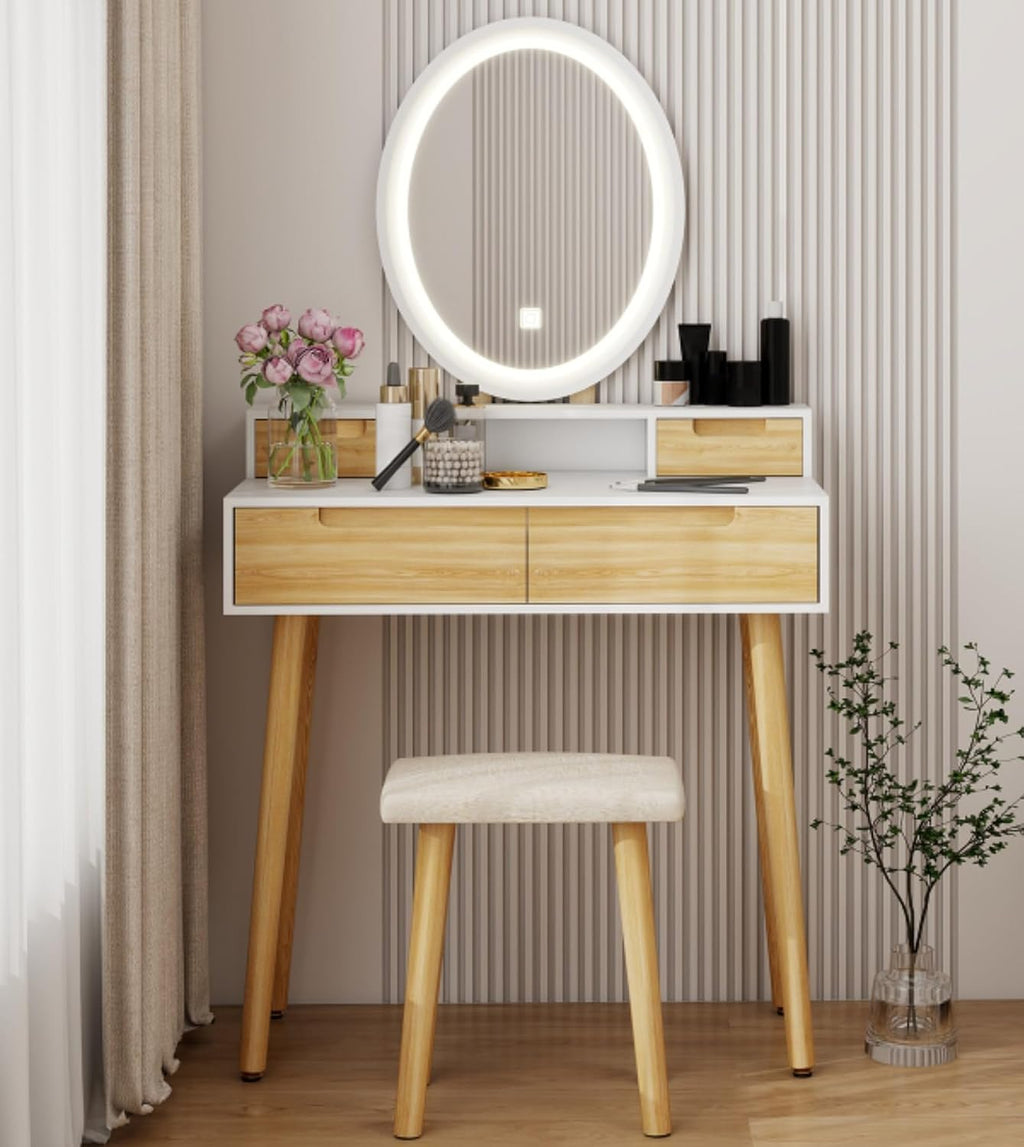 YOURLITE Makeup Vanity Desk with Lights, Small Vanity with Adjustable Brightness Mirror for Small Spaces, Dressing Table with Drawers (31.5', Oval Mirror Wood)