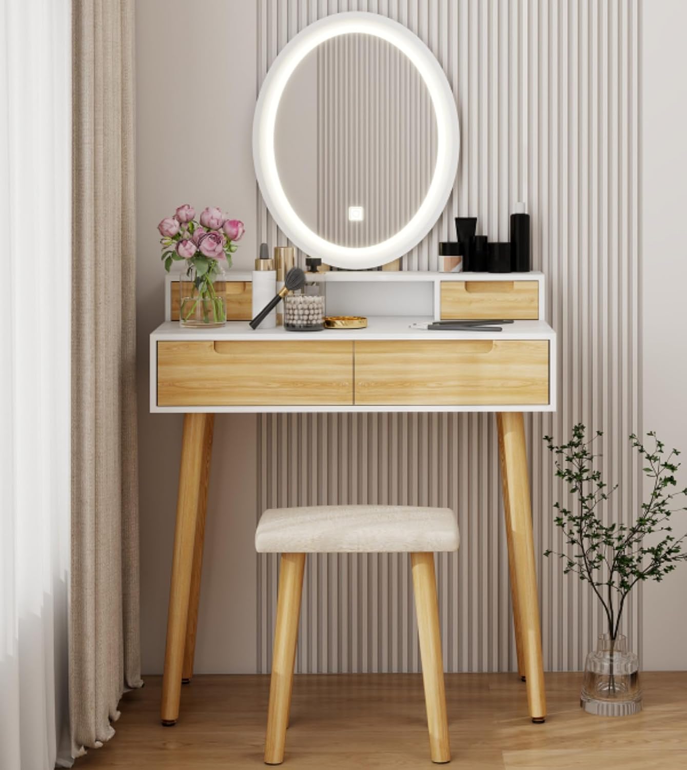 YOURLITE Makeup Vanity Desk with Lights, Small Vanity with Adjustable Brightness Mirror for Small Spaces, Dressing Table with Drawers (31.5', Oval Mirror Wood)