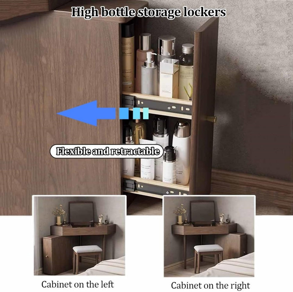 Corner Vanity Desk, Modern Dressing Table with Flip Top Mirror, Compact Vanity with Drawers, Natural Oak Makeup Table for Checkroom Apartment Bedroom Makeup Room(Walnut)