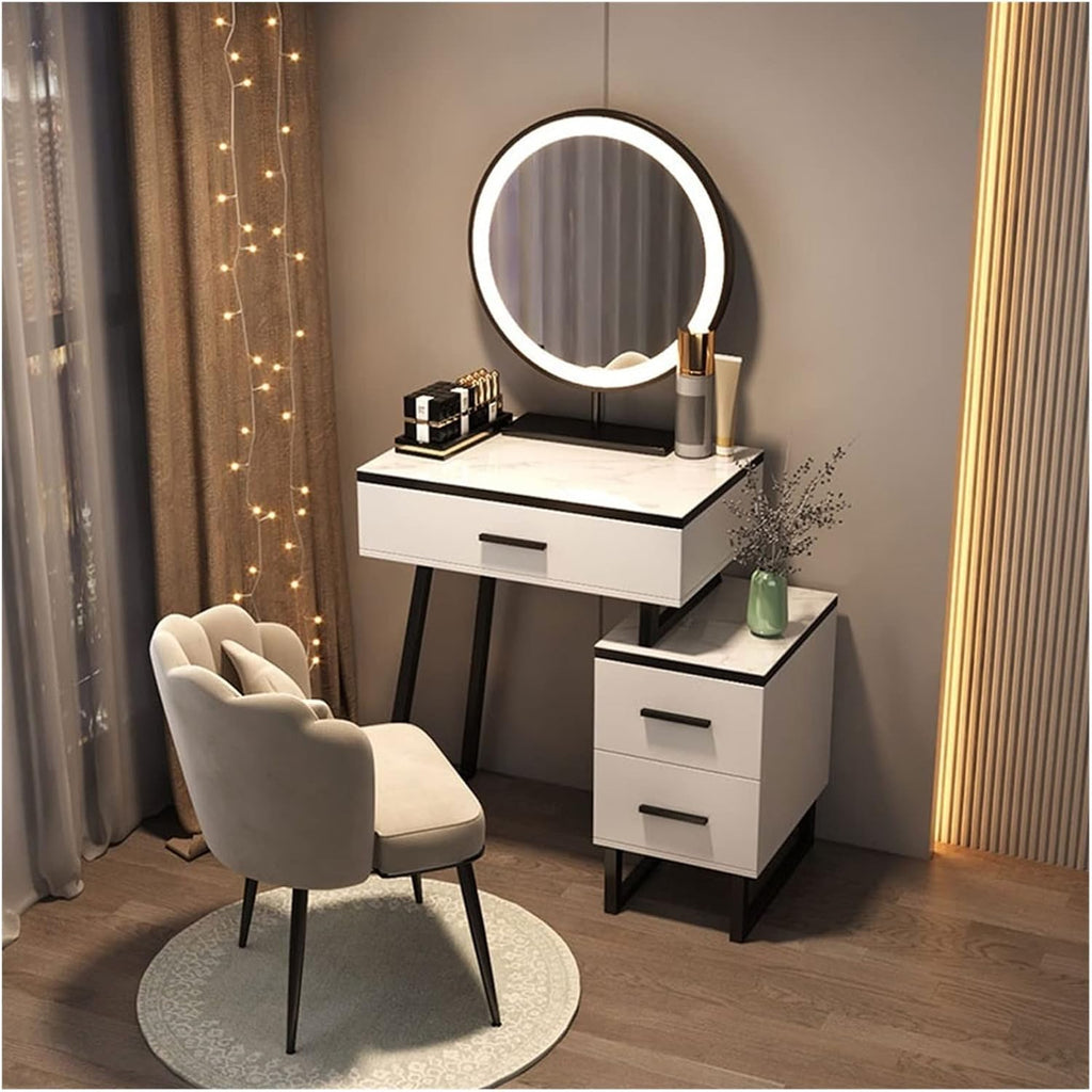 Vanity Benches Vanity Desk Set Glass Top Dresser Bedroom Ladies Fashion Dresser with Side Cabinet, Mirror, Vanity Stool (Color : A)