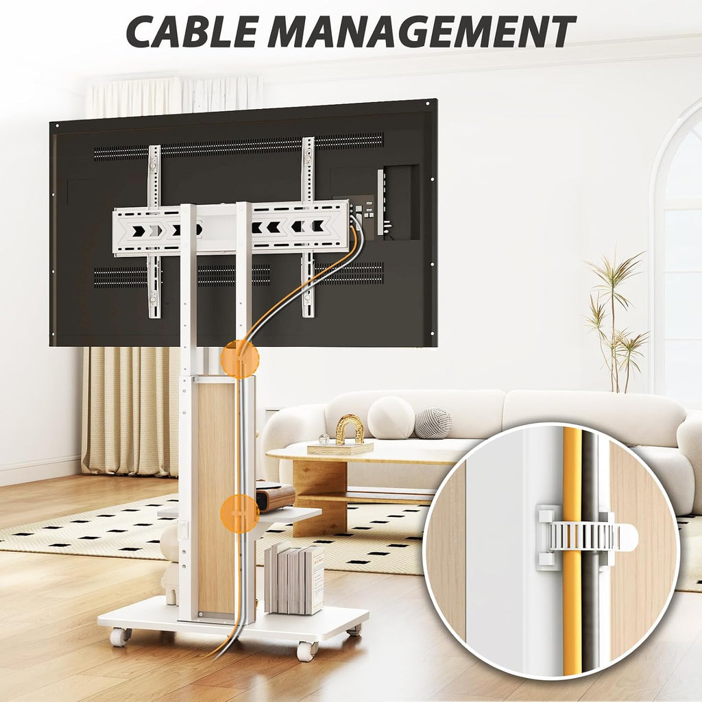 TVON Heavy Duty Rolling TV Stand for 55-90 inch Large TVs up to 150 lbs, Mobile TV Cart with Height Adjustable Mount and Large Storage Shelf, Tall TV Stand with Wooden Base, White and Oak
