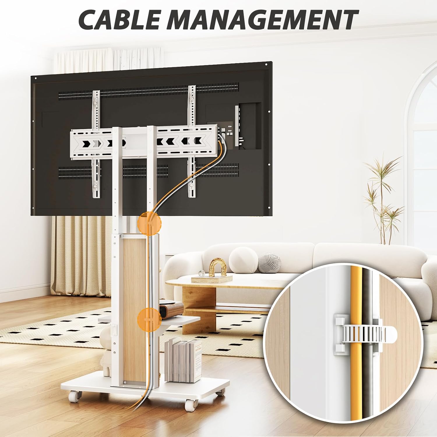 TVON Heavy Duty Rolling TV Stand for 55-90 inch Large TVs up to 150 lbs, Mobile TV Cart with Height Adjustable Mount and Large Storage Shelf, Tall TV Stand with Wooden Base, White and Oak