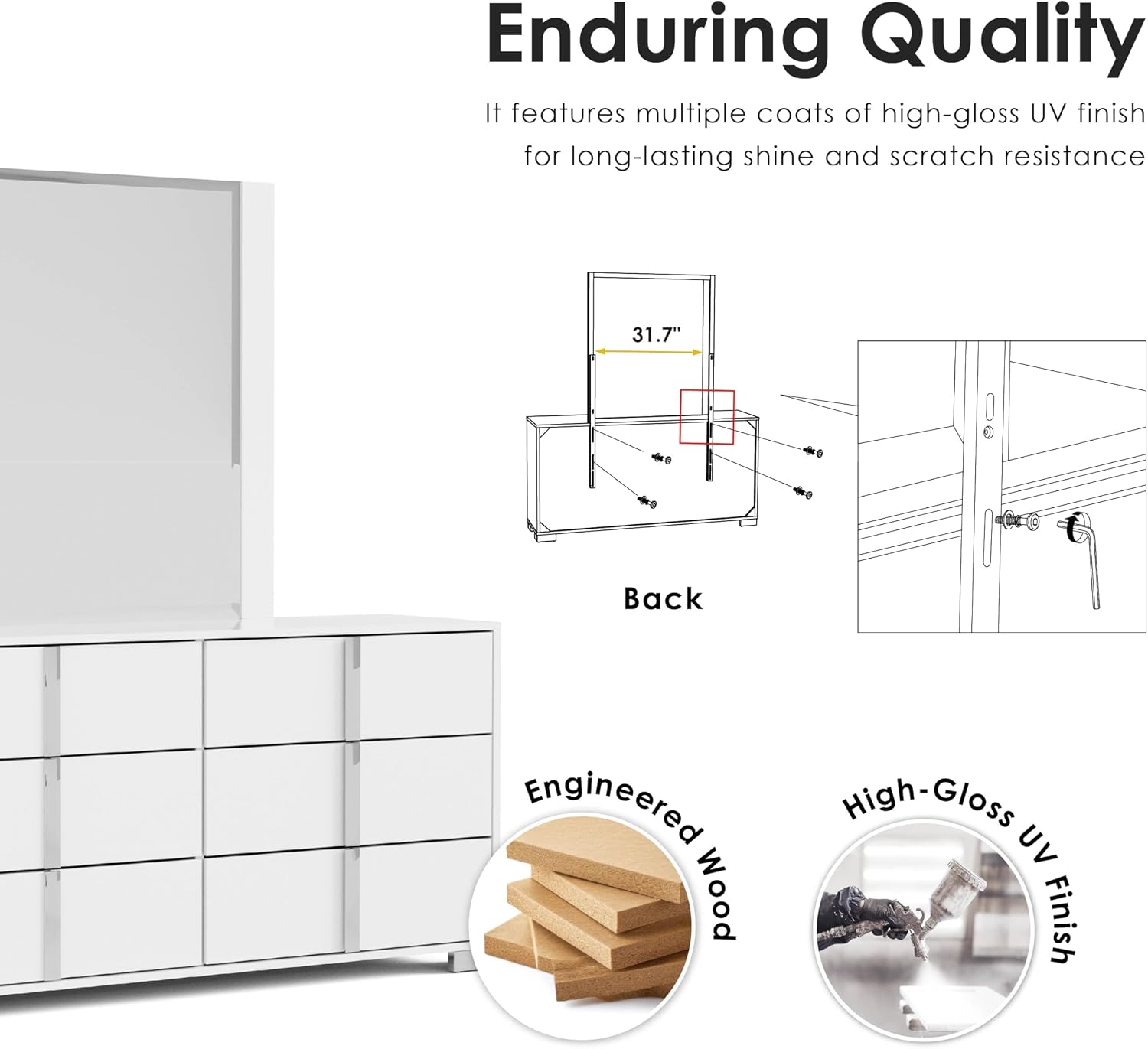 Furniture of America Alistair Modern Wood 4-Piece Bedroom Set with LED on Headboard Bed, Ball-Bearing Glides on Nightstand and Dresser with Mirror, Box Spring Required, King, White