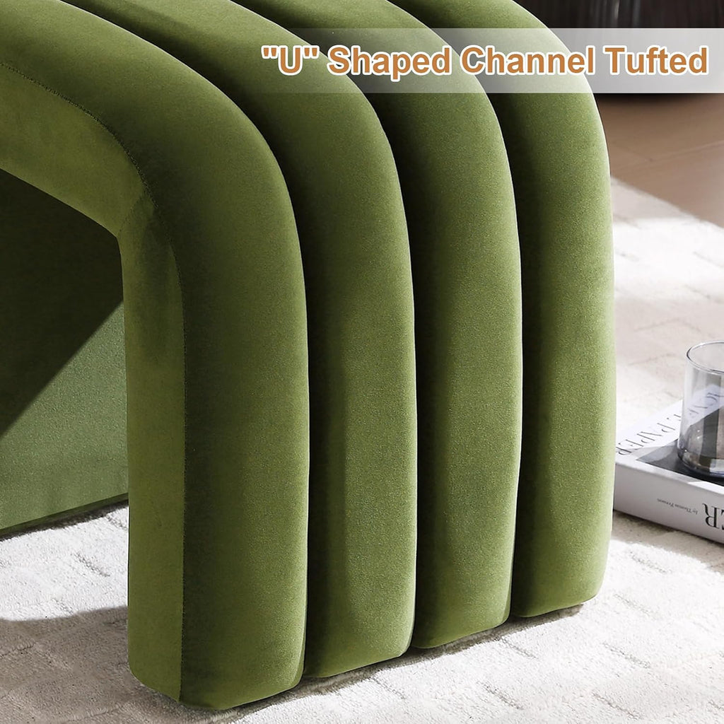Flouki Ottoman Foot Stool with Channel Tufted, Small Ottoman Bench for Entryway, Modern Velvet Vanity Stool Chair, Upholstered Foot Rest Extra Seat for Living Room (Green, Set of 2)