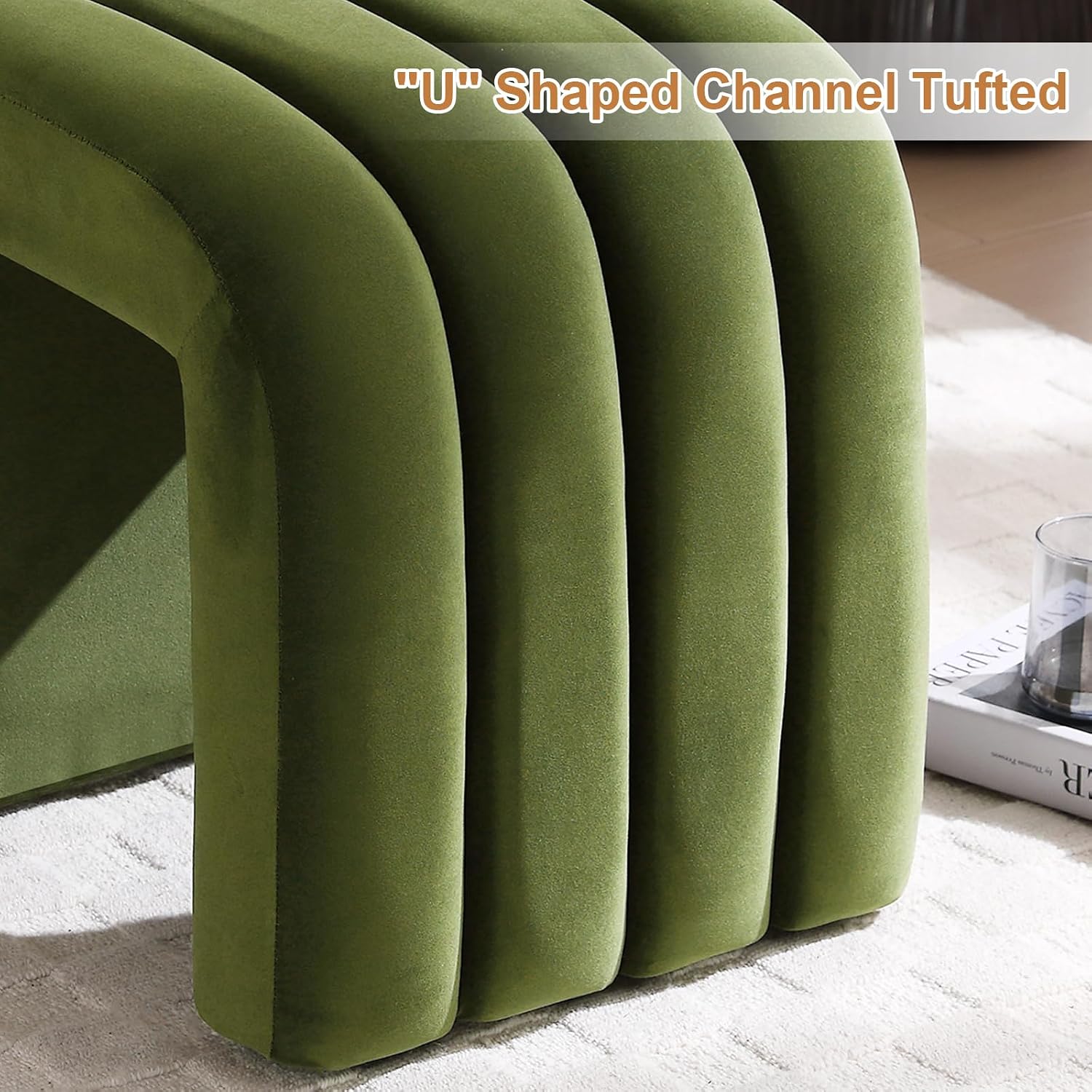 Flouki Ottoman Foot Stool with Channel Tufted, Small Ottoman Bench for Entryway, Modern Velvet Vanity Stool Chair, Upholstered Foot Rest Extra Seat for Living Room (Green)