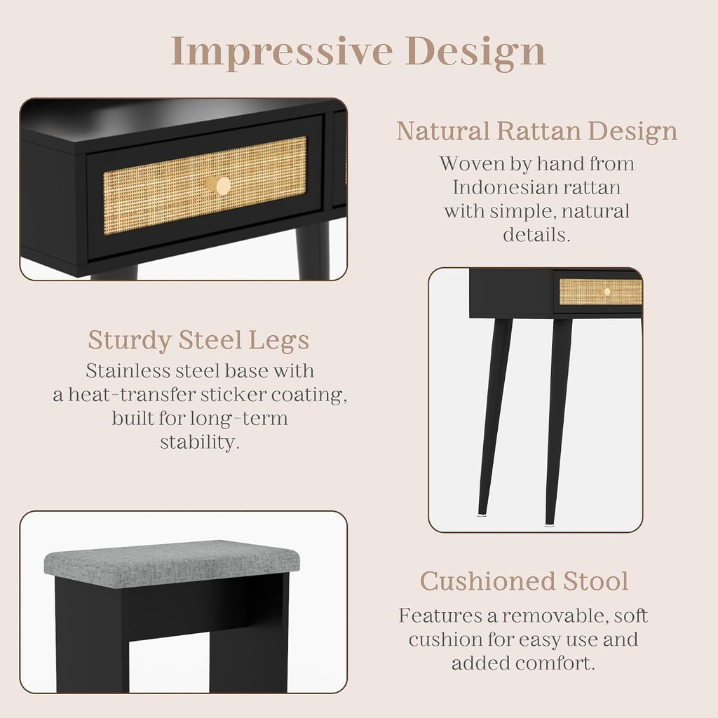 Brafab Small Vanity Desk with Stool for Bedroom, Boho Rattan Compact Makeup Vanity Table with 3 Modes Adjustable LED Mirror, 31' Space Saving Dressing Table Vanity Set, Black