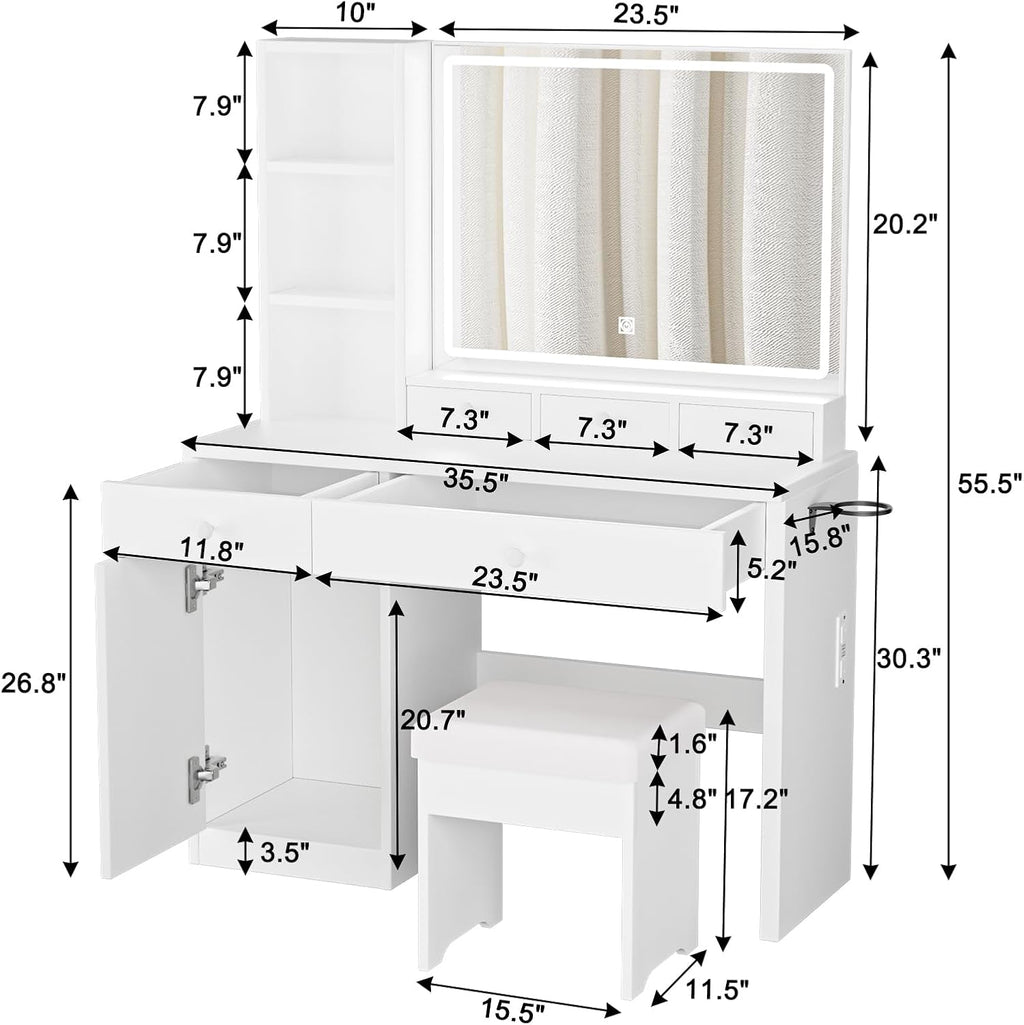 Vanity Desk with Mirror, Includes Dream Box, LED Lights, Power Outlet, 5 Drawers & 3 Shelves, Elegant Cream Design for Bedroom, Storage Stool