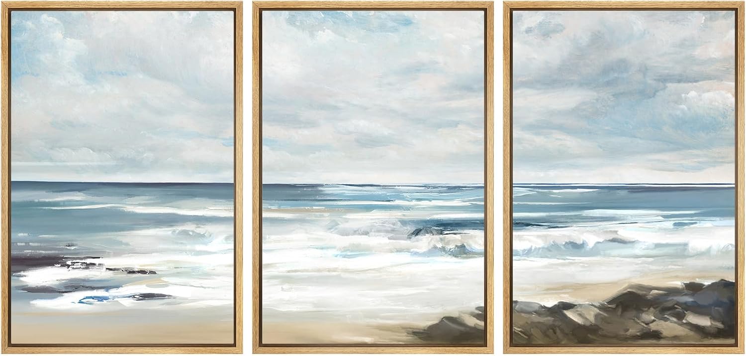 SIGNWIN Framed Canvas Print Wall Art Set Teal Sky Ocean Wave Beach Shore Nature Wilderness Illustrations Modern Art Decorative Scenic Rustic Zen for Living Room, Bedroom, Office - 16'x24'x3 Natural