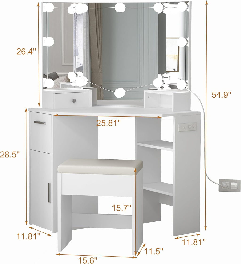 Corner Vanity Makeup Desk with Vanity Mirror, Built-in Lights, 2 Drawers, Power Outlet, Makeup Desk for Bedroom, White