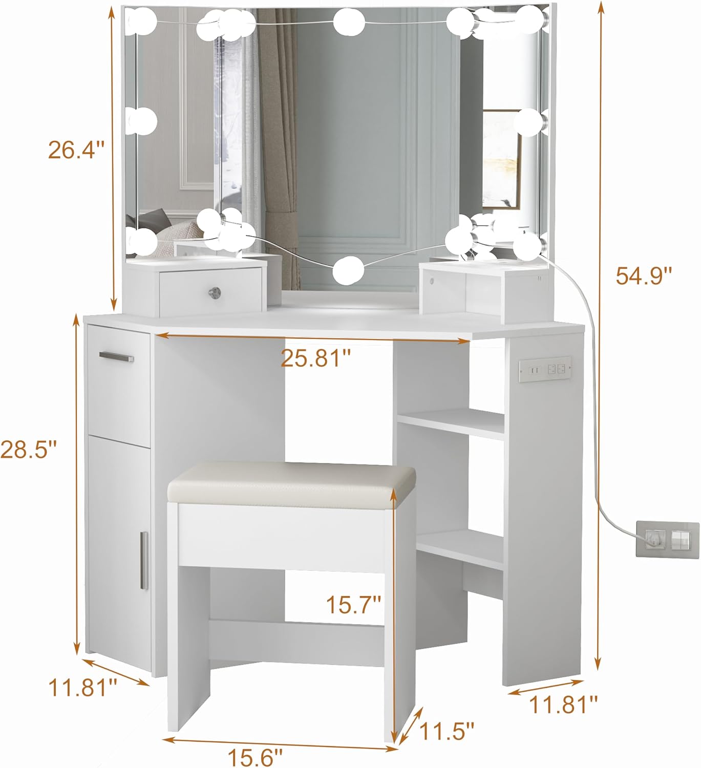 Corner Vanity Makeup Desk with Vanity Mirror, Built-in Lights, 2 Drawers, Power Outlet, Makeup Desk for Bedroom, White