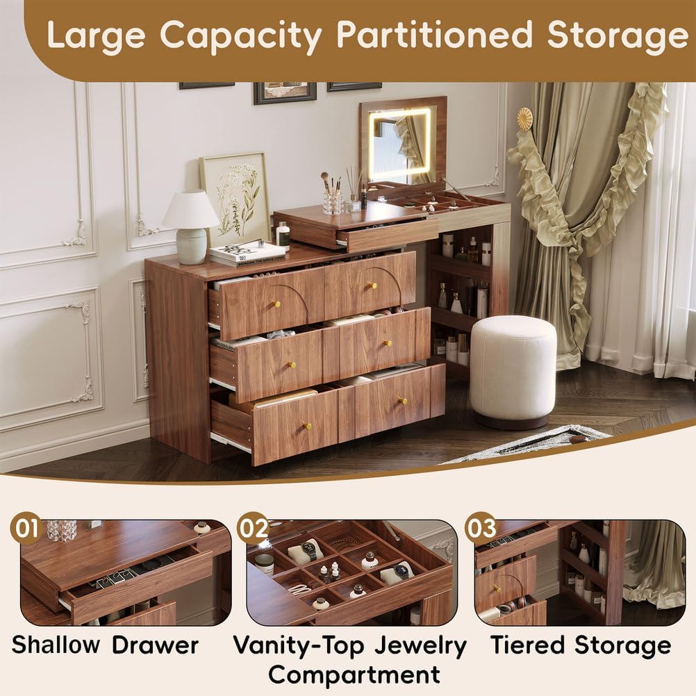 60'' Vanity Desk with Flip-Top Mirror & LED Lights, Convertible L-Shaped Makeup Vanity Table with 6 Drawers, Shelves & Storage Compartments, Modern Corner Dressing Table for Bedroom,Walnut