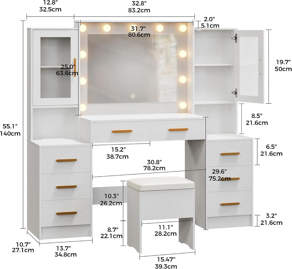 58.4' Large Makeup Vanity with Mirror, Vanity Set with Stool Lights 8 Drawers 2 Glass-Door Cabinets Power Outlet Phone Groove Vanity with Chair Makeup Vanity Desk for Bedroom Dressing Room, White