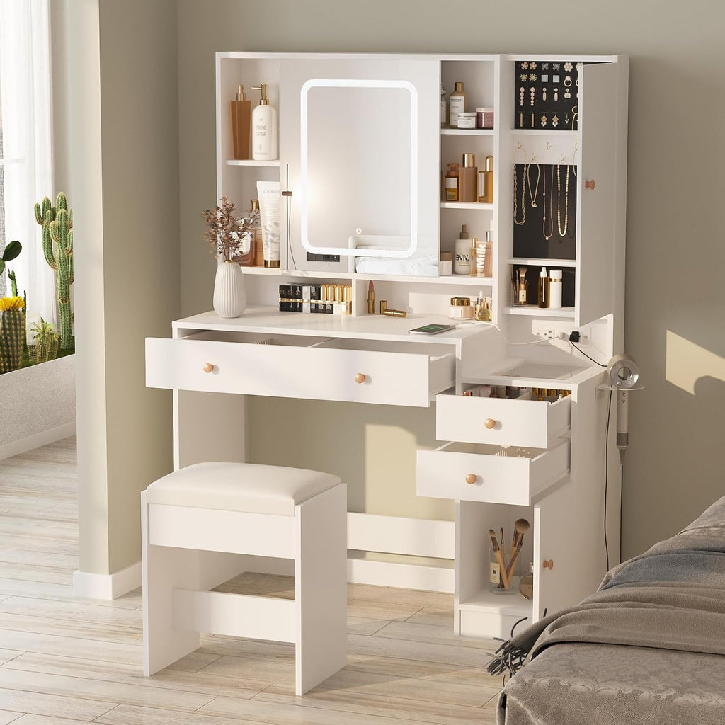 Halitaa Vanity Desk with Mirror and Lights, Glass Top Vanity Table Makeup Vanity with Lights and Charging Station & Sliding Door, Glass Top Vanity with 3 Drawers and Jewelry Cabinet, 42.8inch
