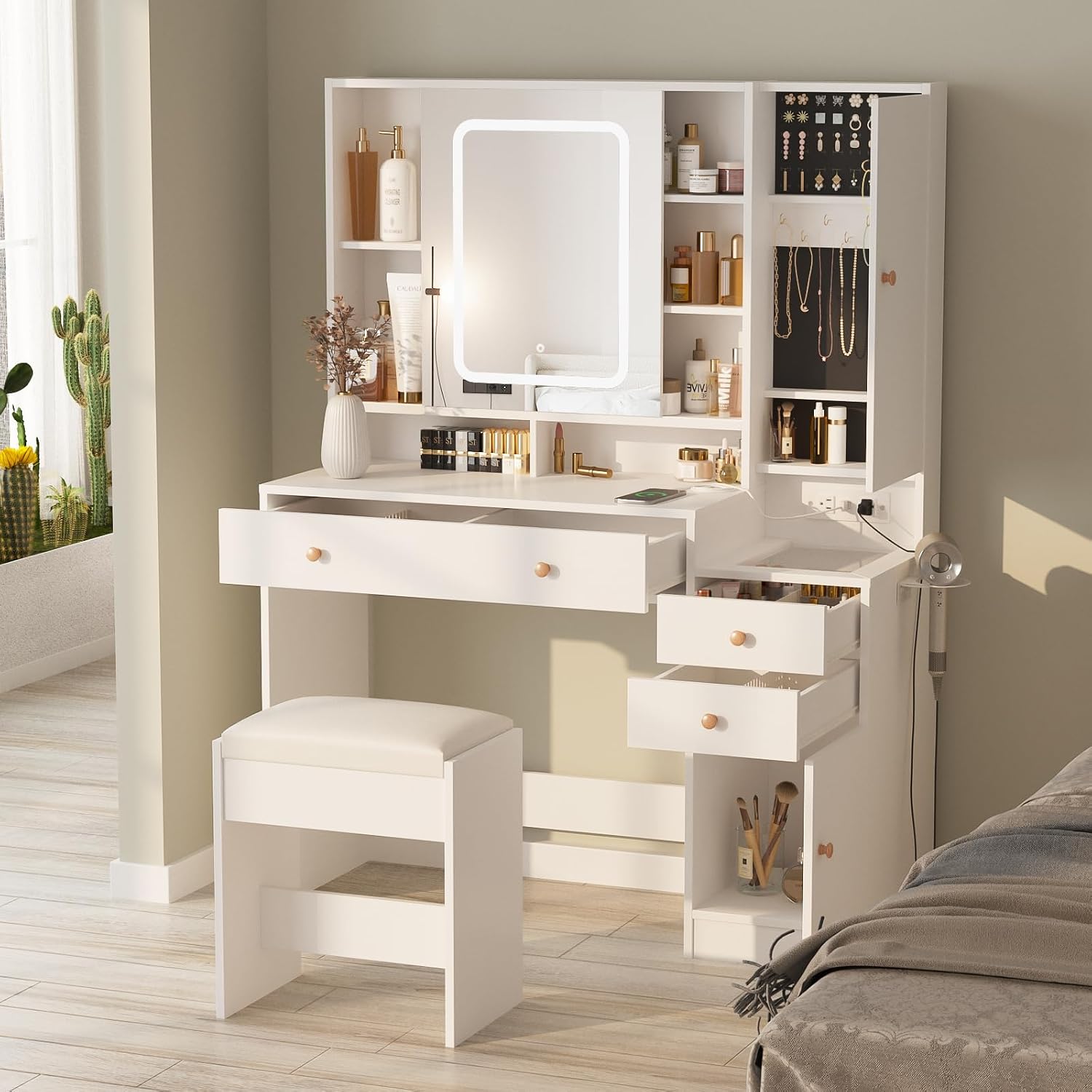 Halitaa Vanity Desk with Mirror and Lights, Glass Top Vanity Table Makeup Vanity with Lights and Charging Station & Sliding Door, Glass Top Vanity with 3 Drawers and Jewelry Cabinet, 42.8inch