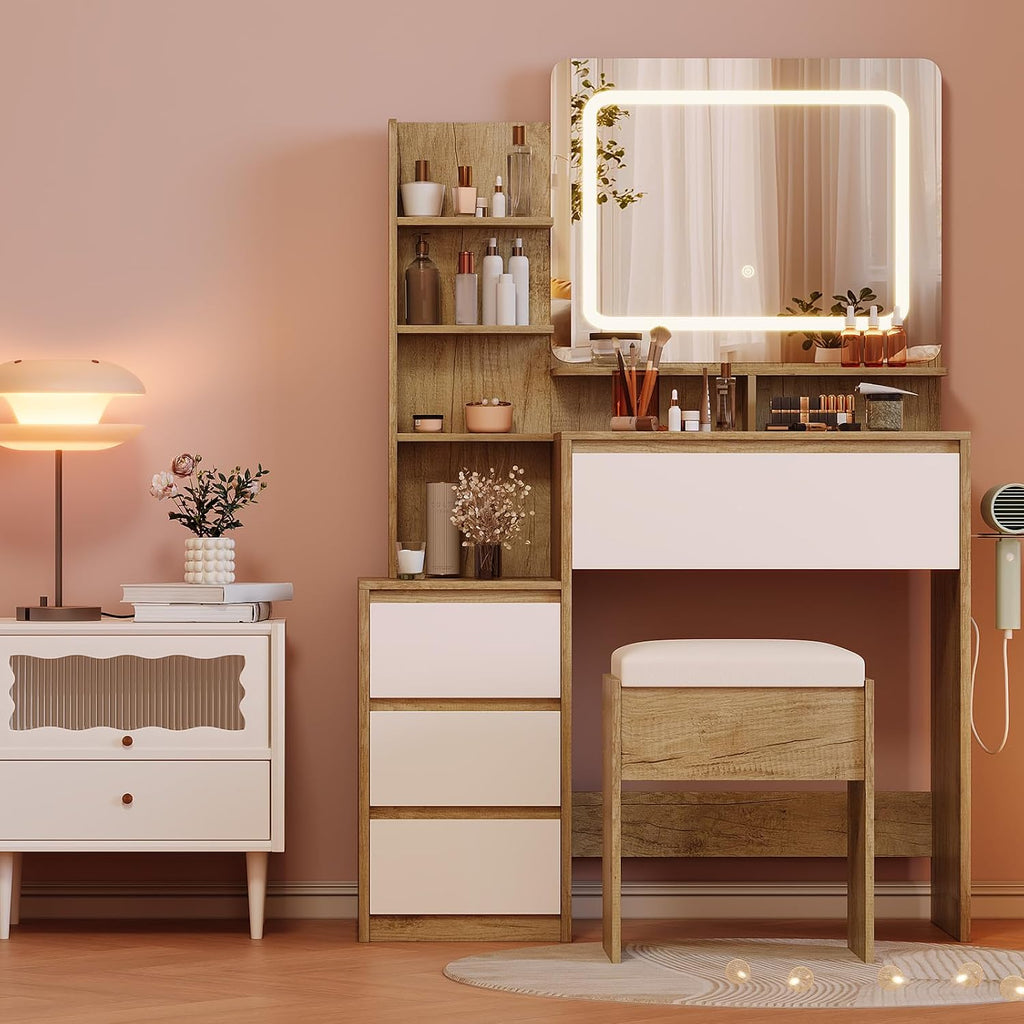 Makeup Vanity Desk with Mirror and Lights with Drawers, Power Outlet, USB Ports, Stool, Dressing Table with 3 Lighting Color Adjustable for Bedroom, Women,