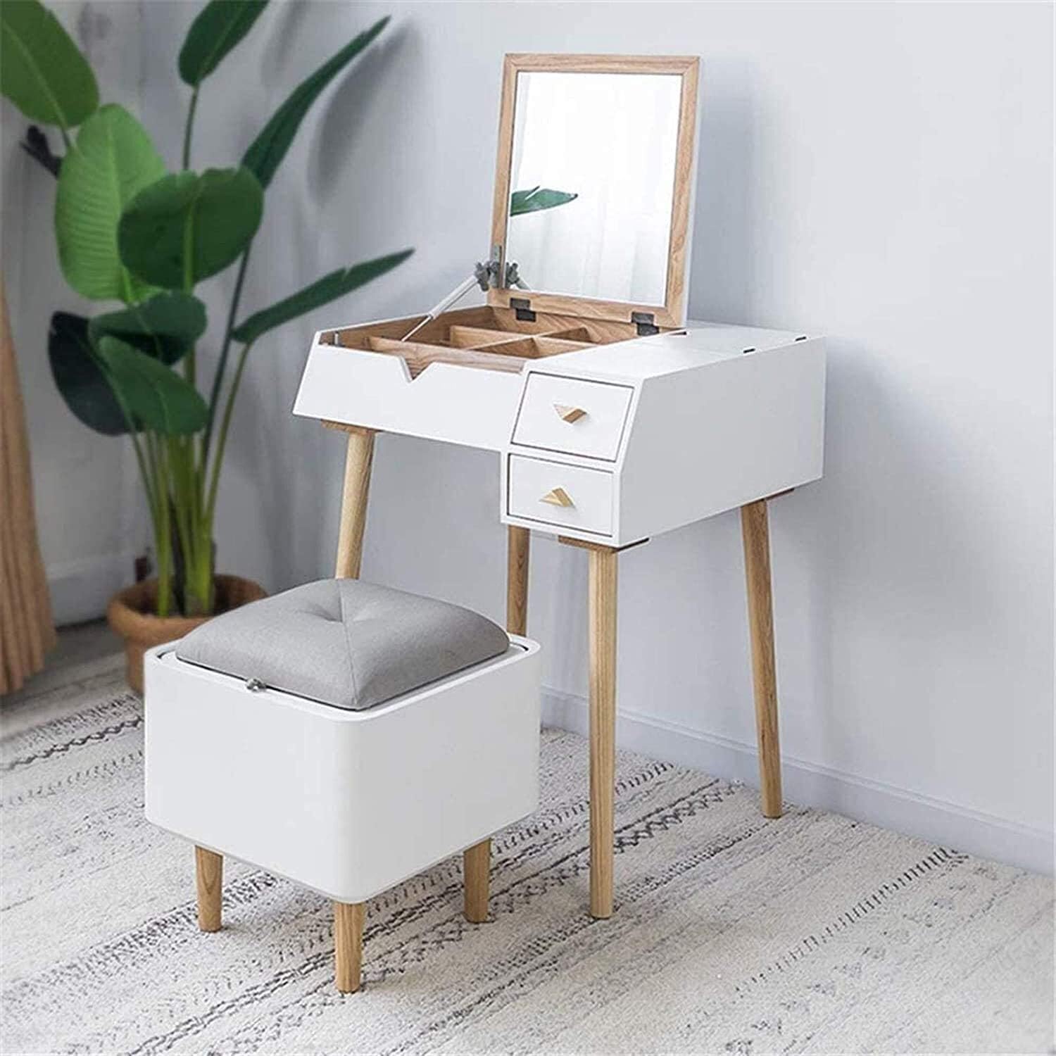 CALEBY Vanity Desk, Vanity Table Luxury Bedroom Furniture Makeup Vanity with Stool, Dressing Table Vanity Makeup Table with Flip Top Mirror Solid Rubber Wood Writing Desk Vanity Benches for Bedroom