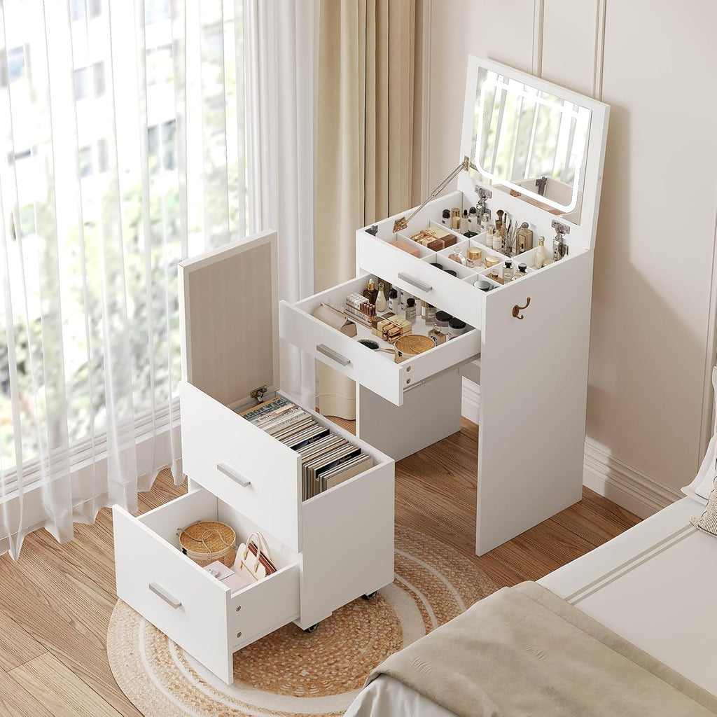 3 in 1 Vanity Desk with Flip Top Mirror, Compact Vanity with 3 Drawers, Makeup Desk with 3 Colors Lights and Storage Cushioned Stool, Dressing Table Nightstand Perfect for Bedroom, White
