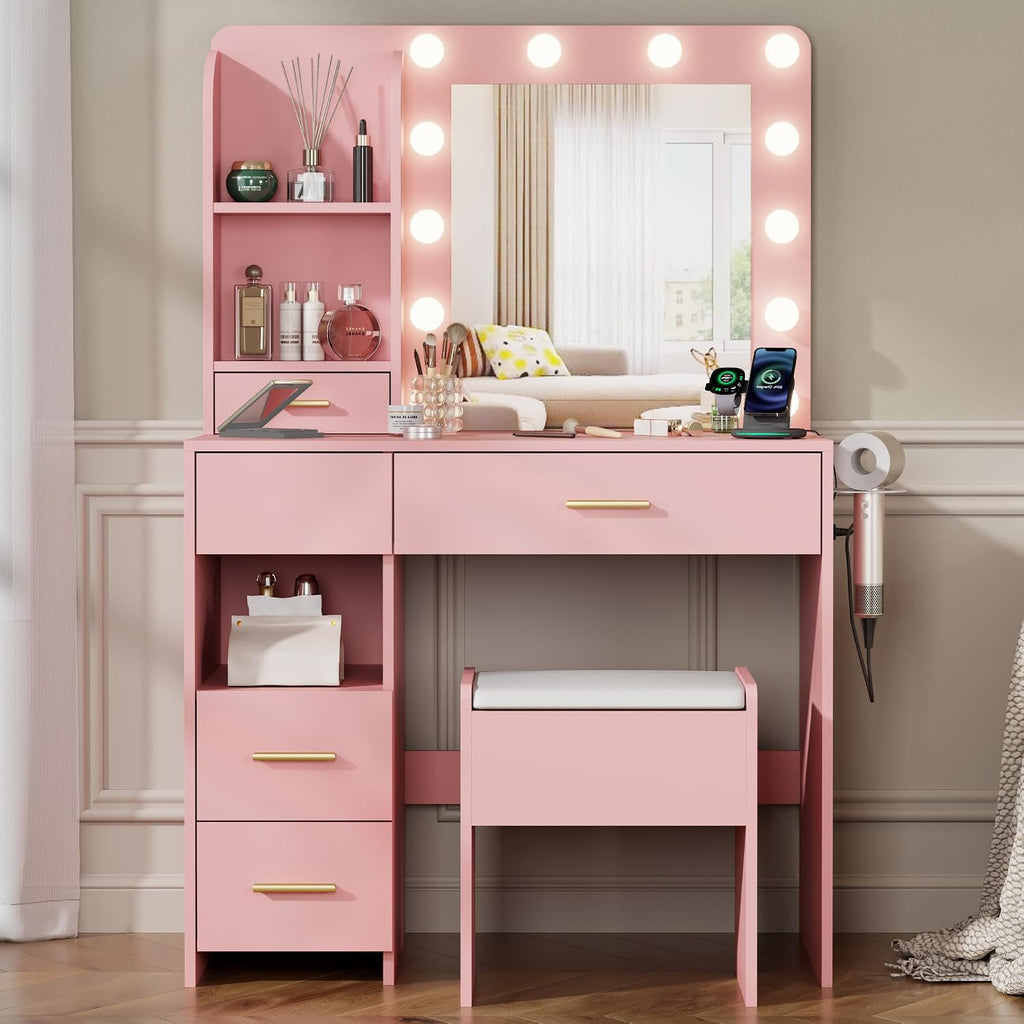 Vanity Desk with Mirror and Lights, 3 Adjustable Lighting Makeup Vanity Desk with 3 Storage Shelves, 5 Large Drawers and Power Outlet, Vanity with Chair for Bedroom, Pink