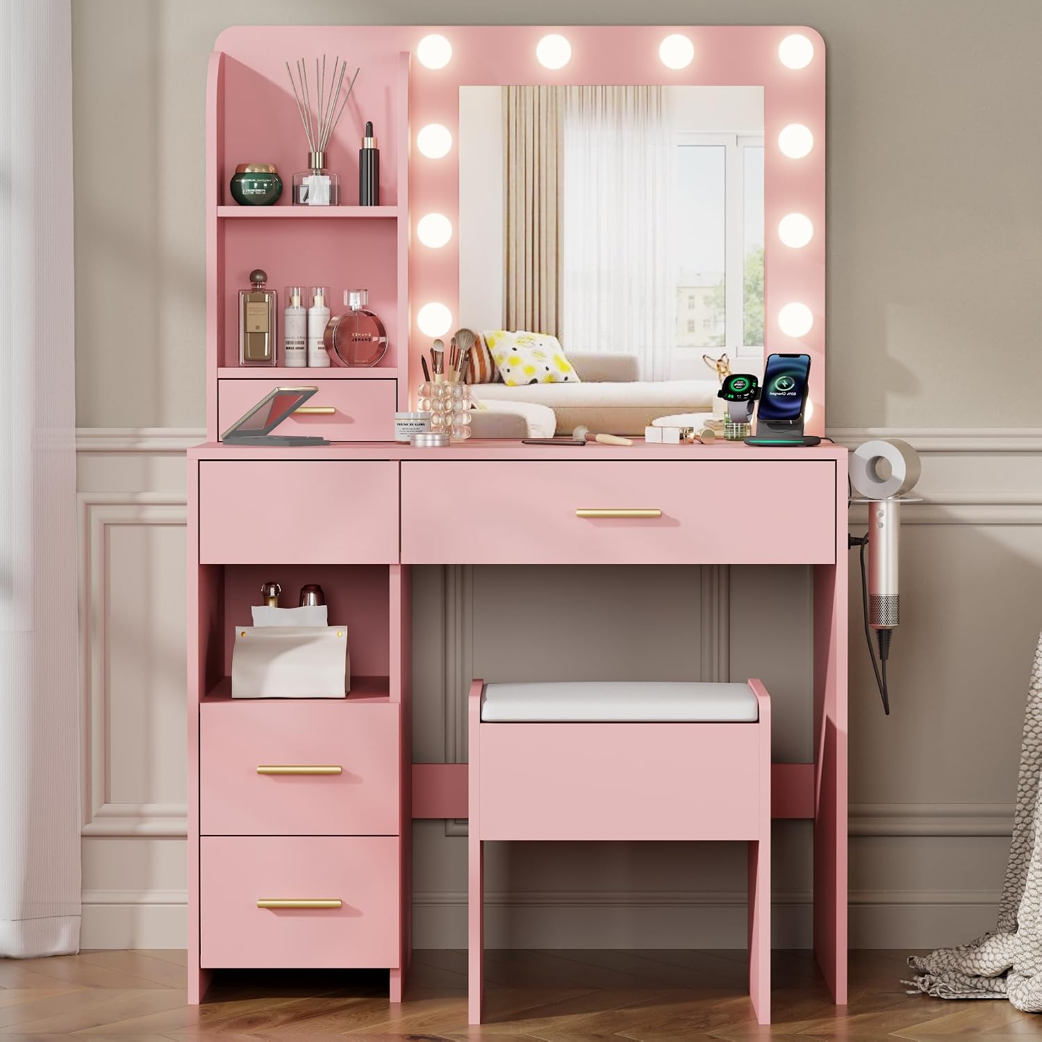 Vanity Desk with Mirror and Lights, 3 Adjustable Lighting Makeup Vanity Desk with 3 Storage Shelves, 5 Large Drawers and Power Outlet, Vanity with Chair for Bedroom, Pink