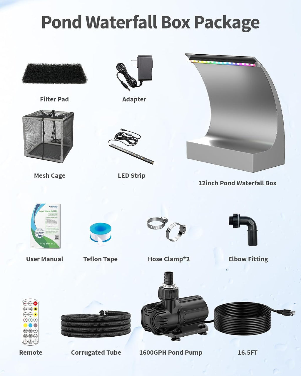 POPOSOAP Pond Waterfall Spillway with LED Lights & 1600GPH Pond Pump, 12Inch Pond Spillway Kit for Garden Ponds, Outdoor Water Feature with App & Remote Control for Backyard Landscape Decoration-P43C