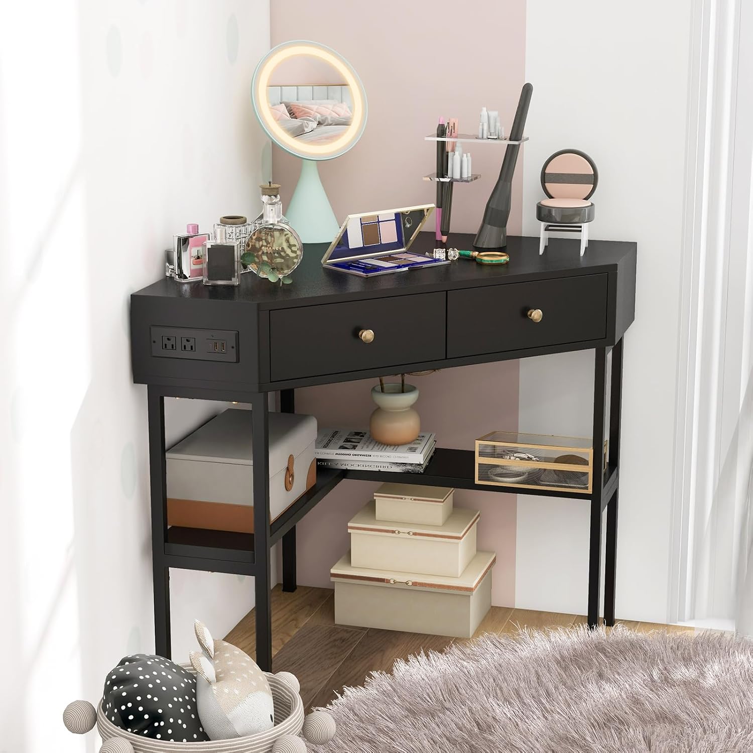 Corner Desk with Charging Station, 90° Triangle Desk w/ 2 Drawers, Storage Shelves, Corner Vanity Table for Bedroom, Compact Computer Desk for Small Space