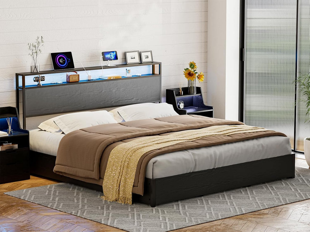 King Size Storage Headboard with Charging Station - 2 Outlets & 2 USB Ports - Farmhouse LED Lights Storage Shelf, Metal and Wood King Headboard, Attach Frame - Black
