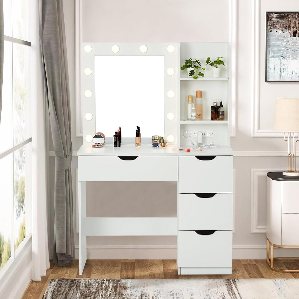 Modern Vanity Makeup Desk with Vanity Mirror, Built-in Lights, 4 Drawers, Crystal Ball Knobs, Power Outlet, White Makeup Desk for Bedroom
