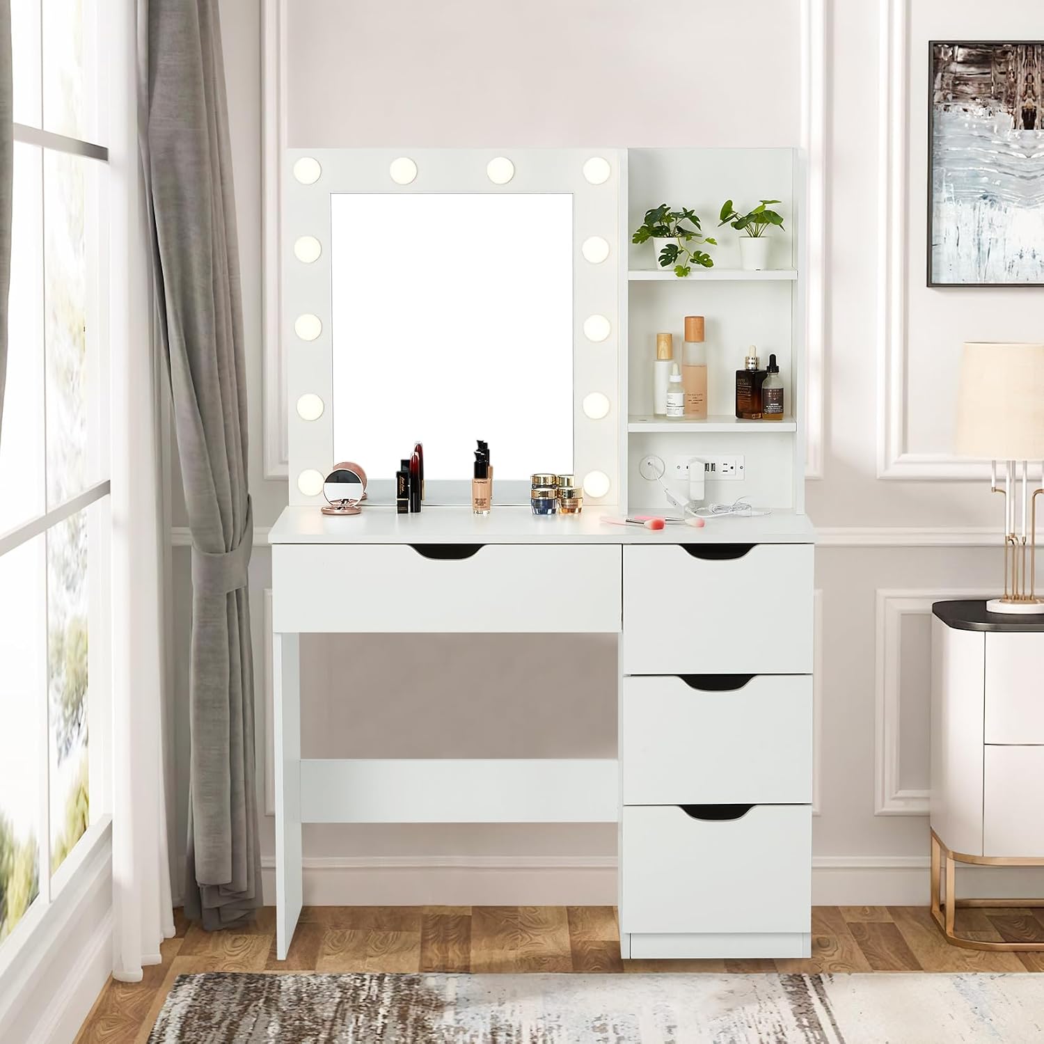 Modern Vanity Makeup Desk with Vanity Mirror, Built-in Lights, 4 Drawers, Crystal Ball Knobs, Power Outlet, White Makeup Desk for Bedroom