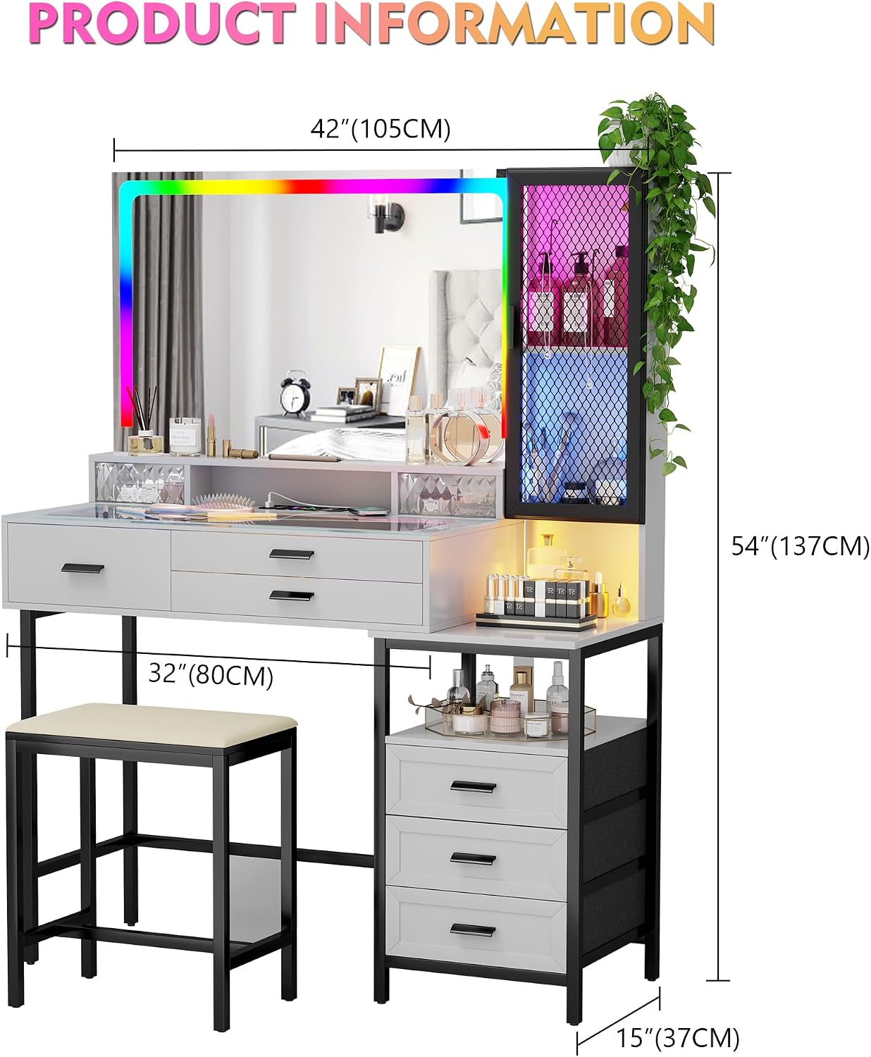 Lvifur RGB Vanity Desk - with Mirror and Lights,7 Dynamic & 24 Static Dimmable Vanity Table Set with Charging Station,Human Sensor LED Vanities w/Glass Top,6 Drawers,Stool,White