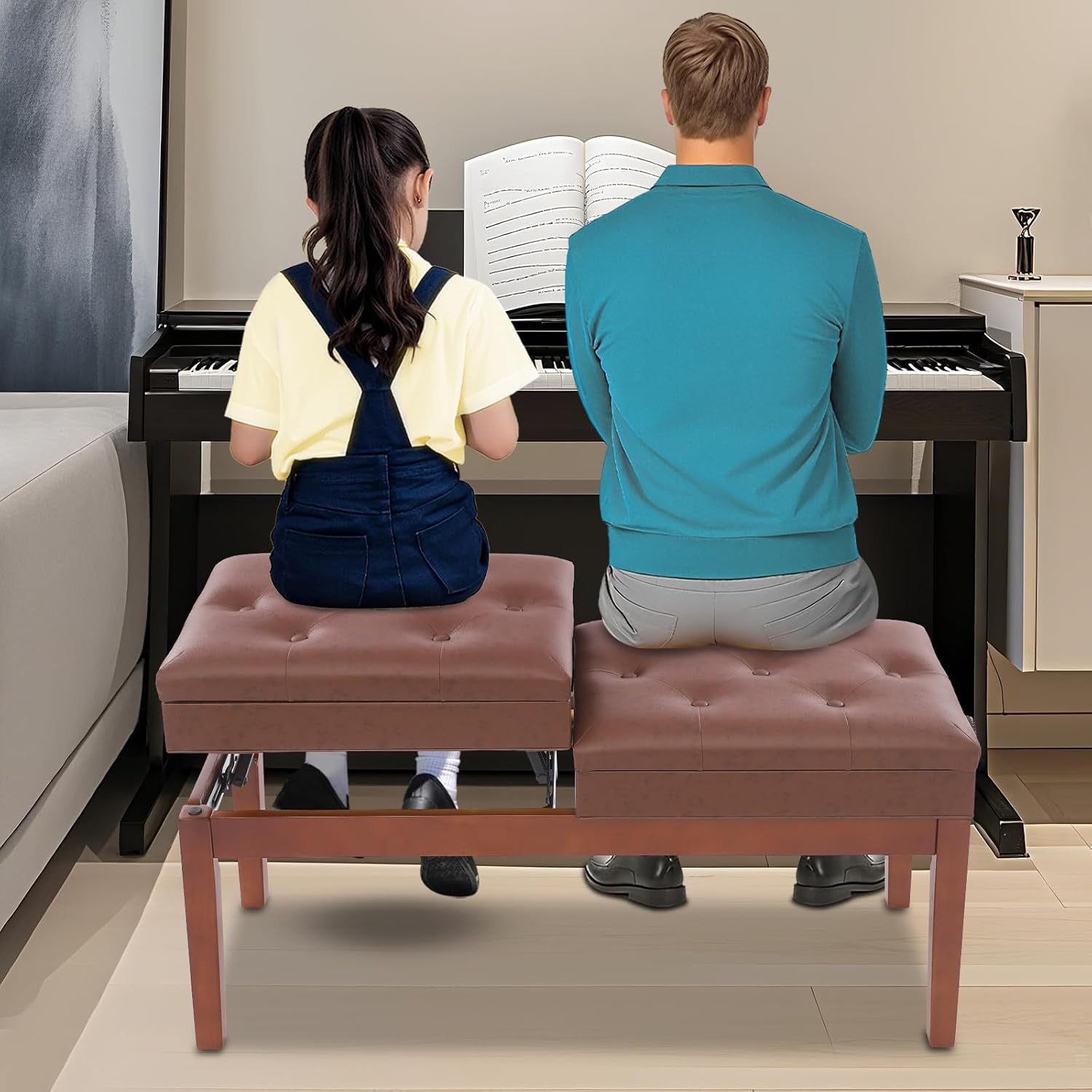 Adjustable Duet Piano Bench with Storage, Wood Keyboard Stool with PU Leather Padded Cushion, Double Seater Piano Chair with High-Density Sponge for Piano, Vanity, Living Room (Brown)