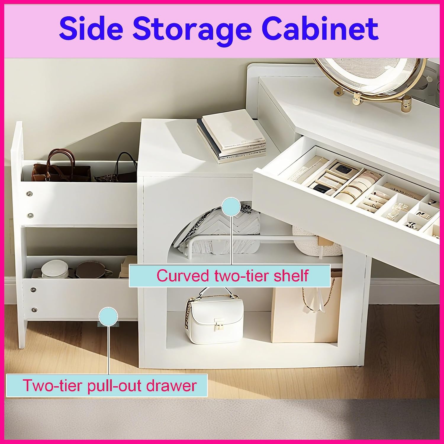 Corner Vanity Desk with Brightness Adjustable Folding Mirror Makeup Vanity Table Set with 1 Drawer and Cushioned Stool Dressing Table with 1 Side Cabinet for Bedroom, White